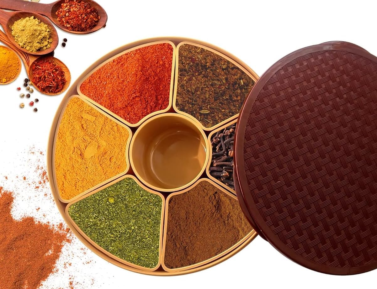 Bekner Round Plastic Masala Spice Box Multipurpose Masala Rangoli Dabba Box For Keeping Spices 7 Compartment Spice Container Mul