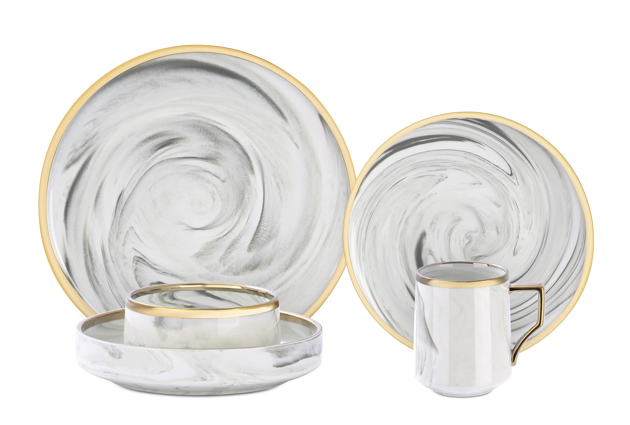 HomeVss, Fine China Artisan Marbled 20pc Dinnerware Set, Grey with Gold Line