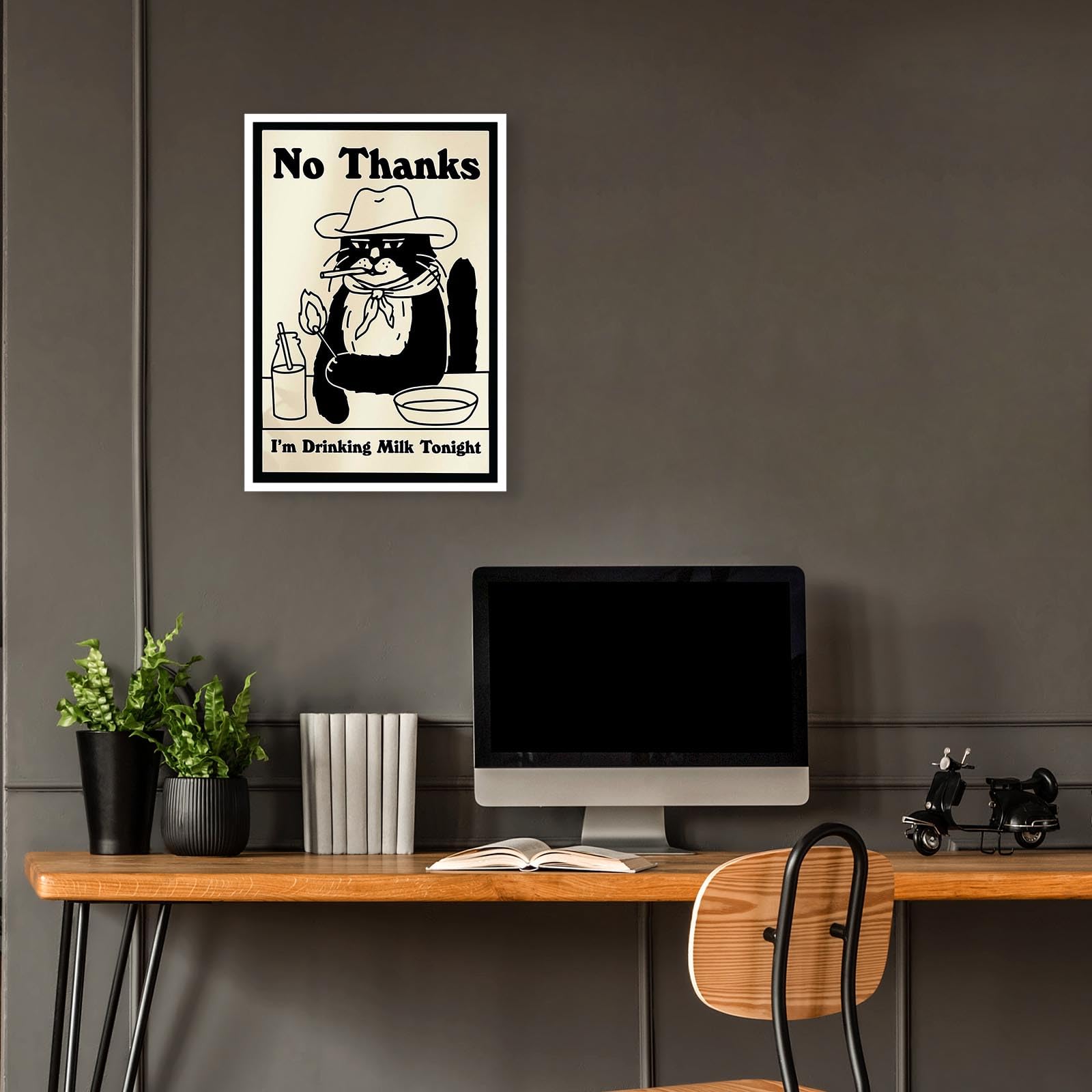 Tyohu Retro No Thanks I'M Drinking Milk Tonight Posters Cute Funny Cowboy Cat Art Trendy Black And White Drink Printed Matter Fo