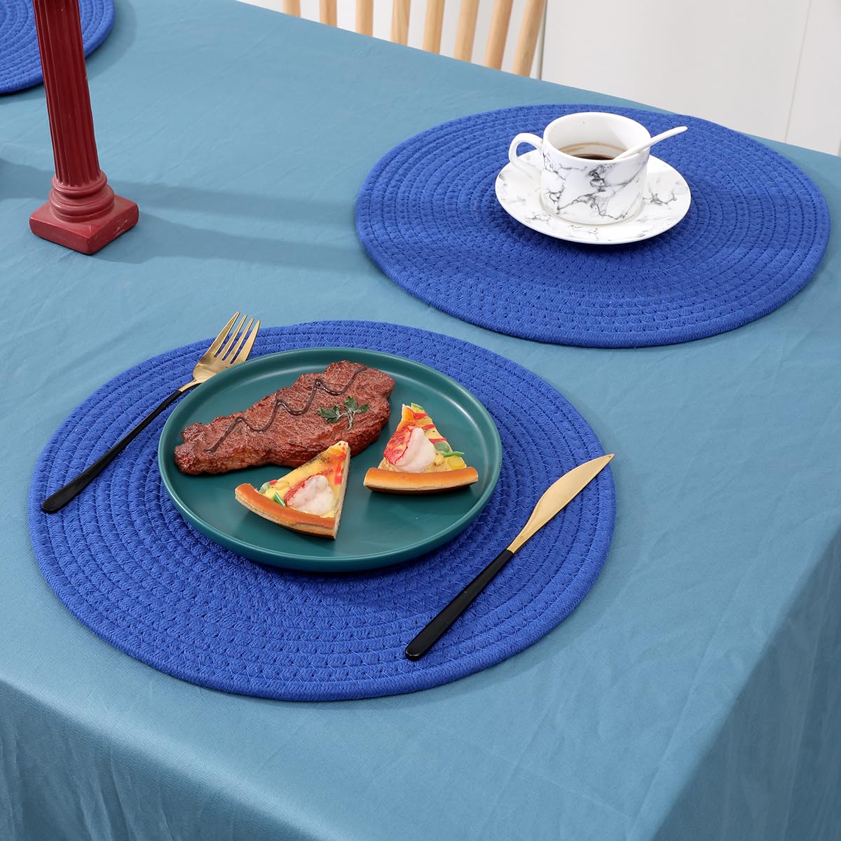 Wenfome Set Of 6 Woven Placemats, 13.8 Inches Round Plate Chargers Cotton Braided Placemats Heat-Resistant Non-Slip Woven Place