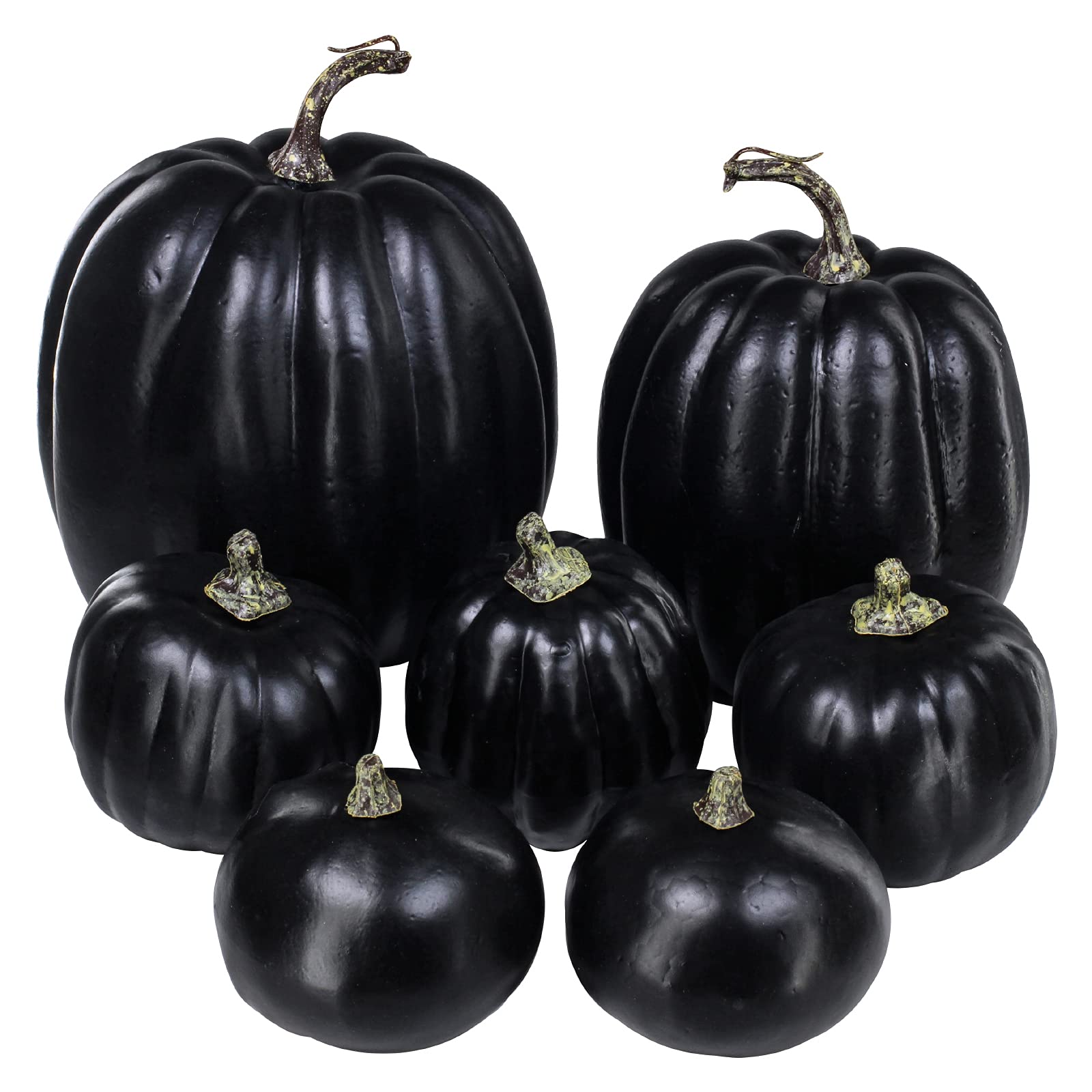 Winlyn 7 Pcs Assorted Artificial Black Pumpkins Halloween Pumpkins Faux Rustic Decorative Foam Pumpkins for Fall Halloween Thank
