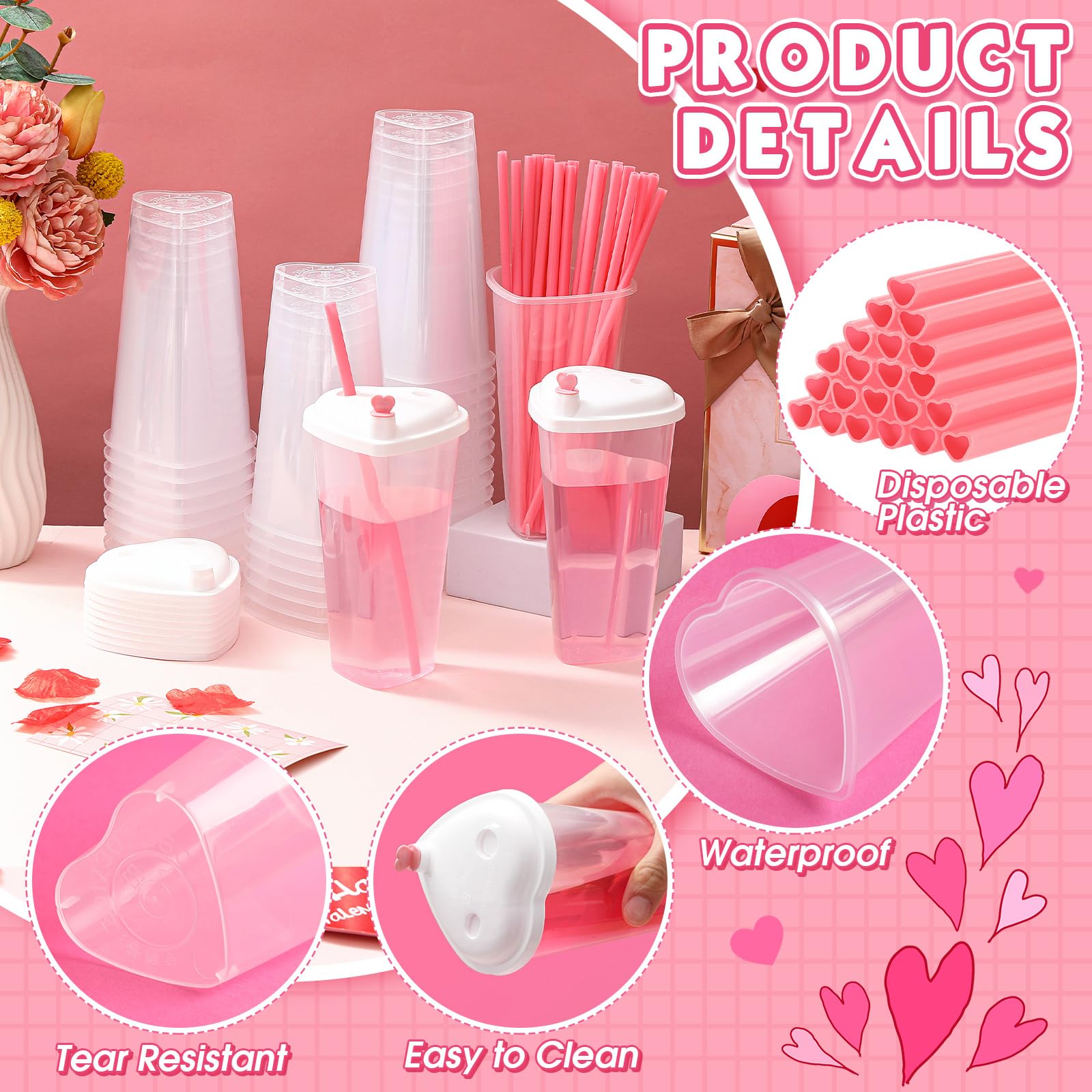 Potchen 60 Set Valentines Day Plastic Cups With Heart Shaped Straws 16 Oz Disposable Cups With Lid And Straws For Valentines Day