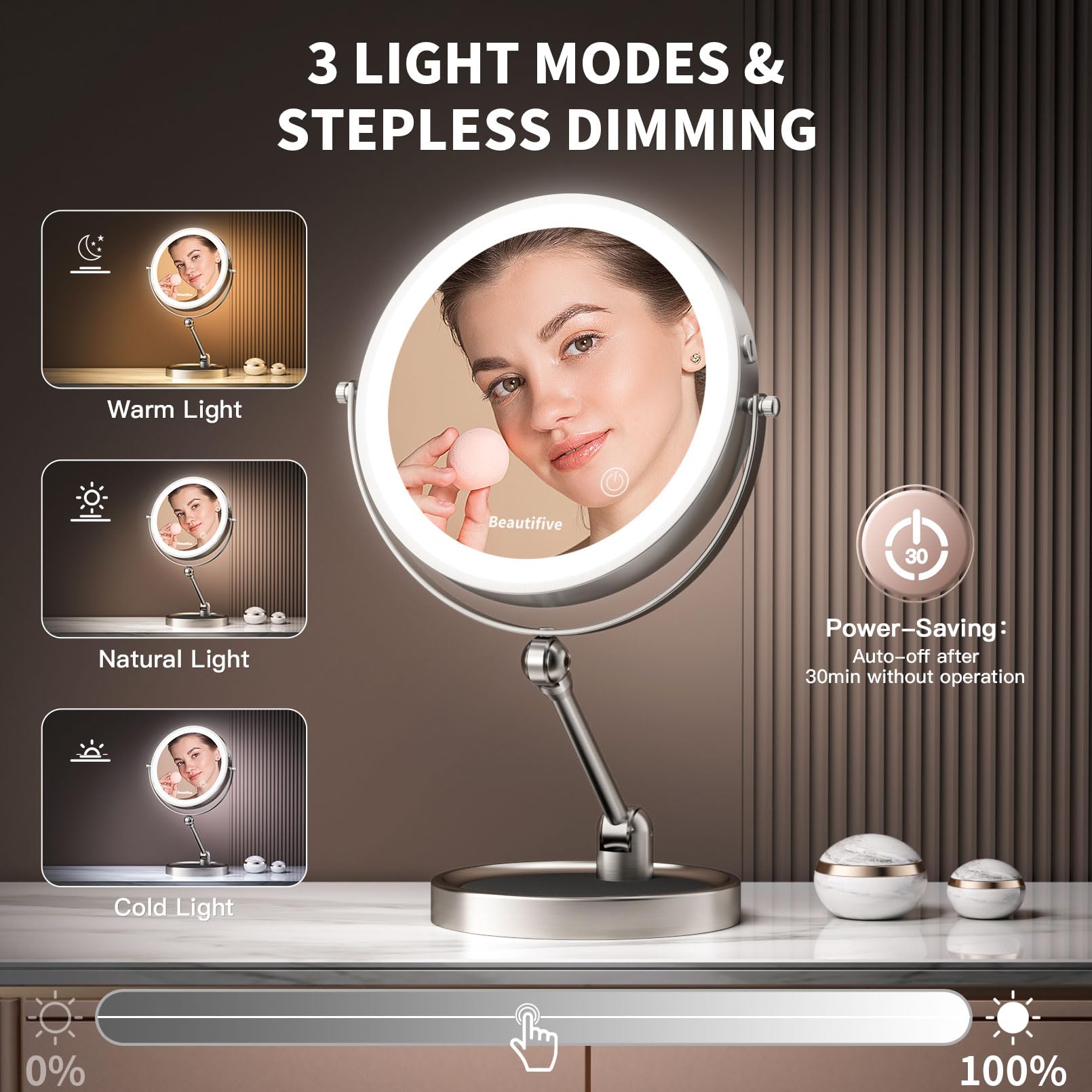 Beautifive 10'' Makeup Mirror With Light, 12X/1X Lighted Magnifying Mirror, Angle Adjustable & 3 Color Dimmable, 360Rotatable Re