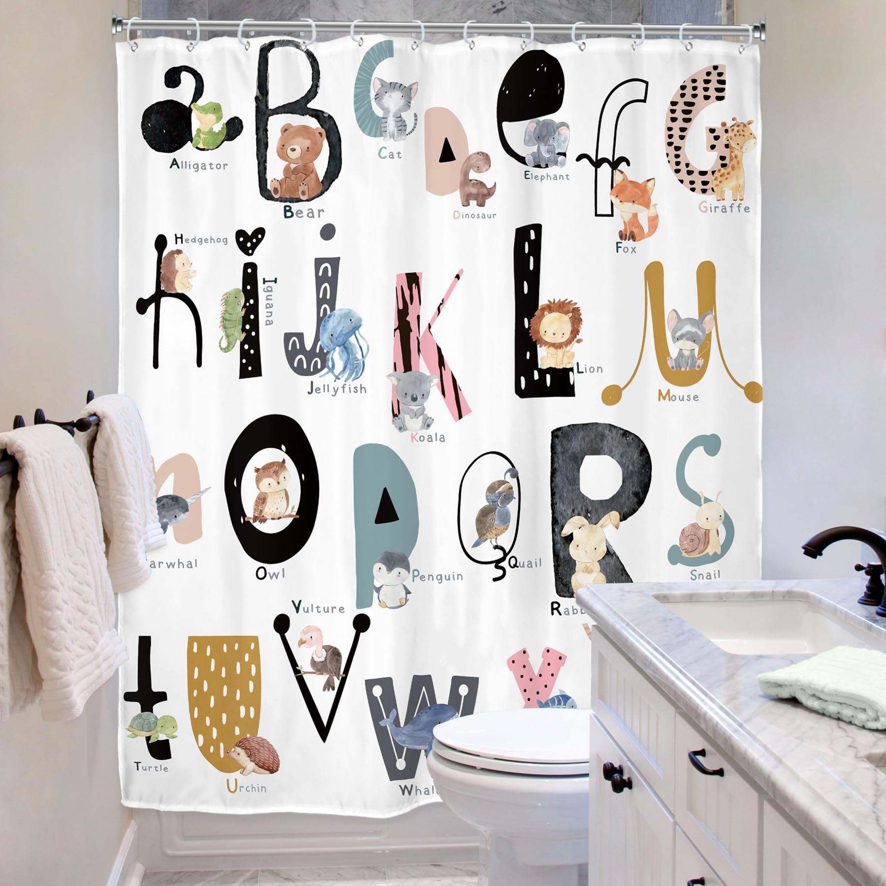Riyidecor Kids Abc Learning Alphabet Shower Curtain For Bathroom Decor 60Wx72H Educational Study Boys Baby Children Funny Large