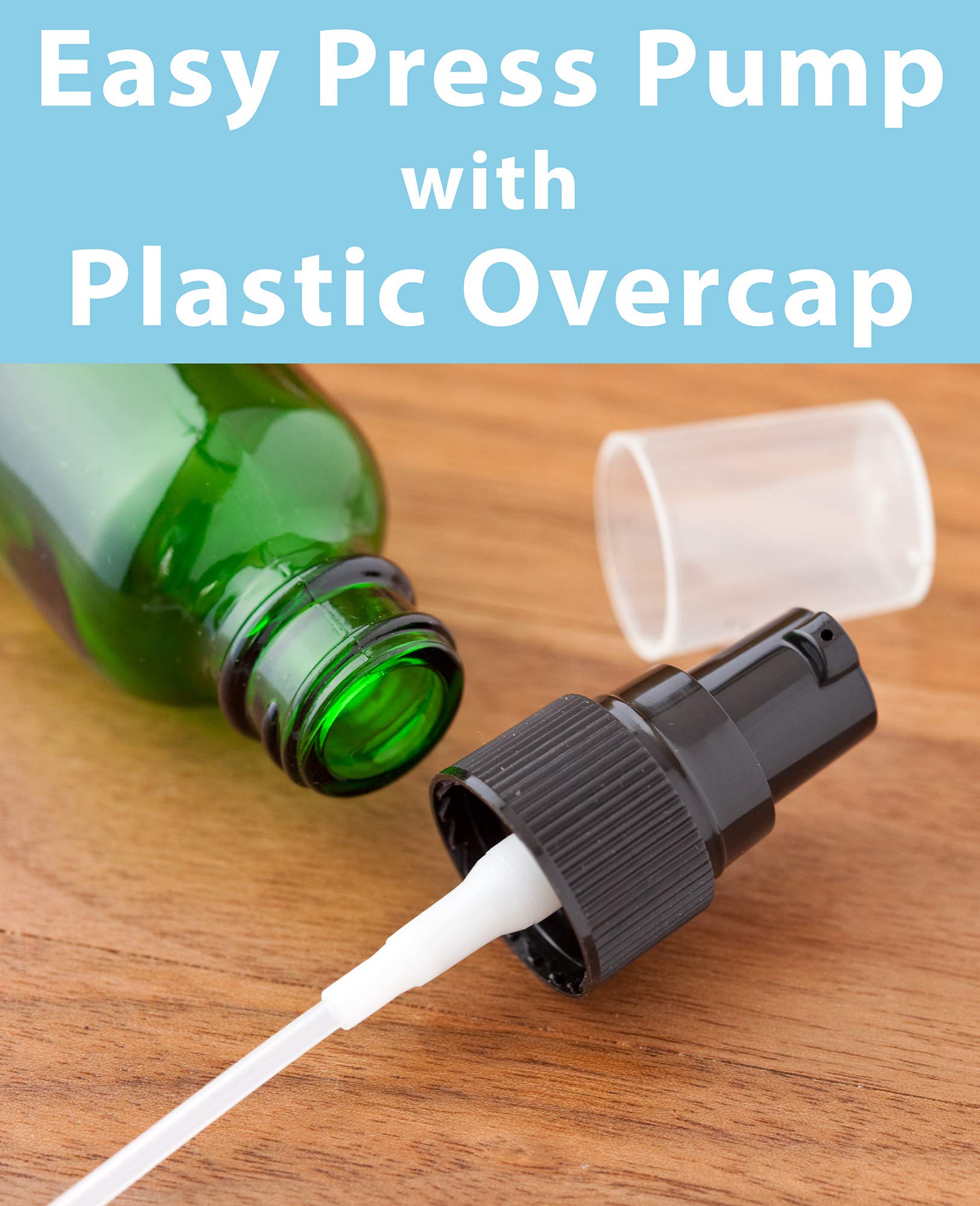 Juvitus 1 Oz / 30 Ml Green Glass Boston Round Bottle With Black Treatment Pump (12 Pack) + Clear Travel Bag And Funnel