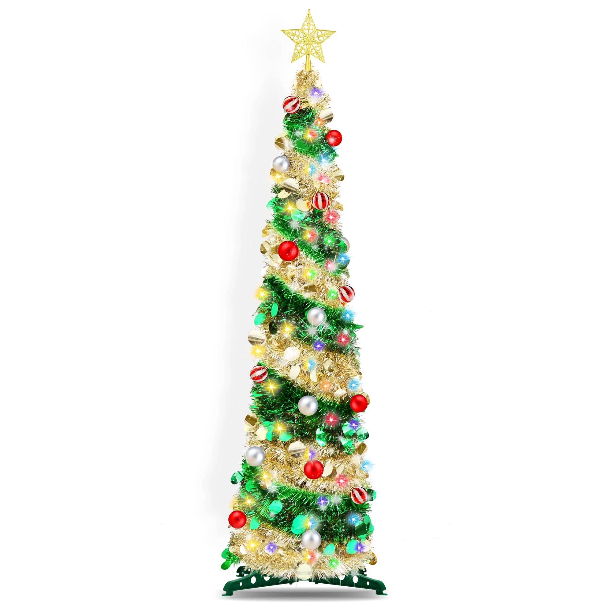 5FT Pop Up Christmas Tree with Timer 60 Warm White & Multi Color Fairy Light 3D Star 15 Ball Ornament, Green Gold Tinsel Christm