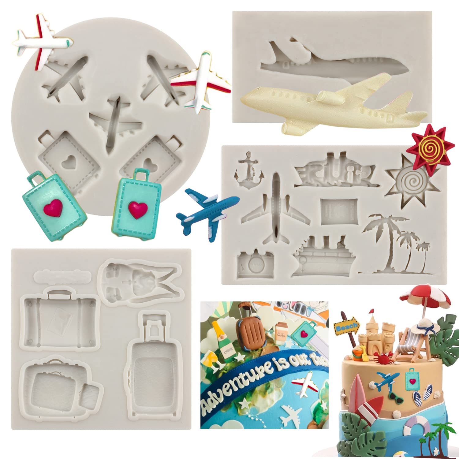 Sijiangmold Airplane Silicone Mold Summer Vocation Travel Fondant Molds Seaside Holiday Silicone Mold For Travel Luggage Bag Cho