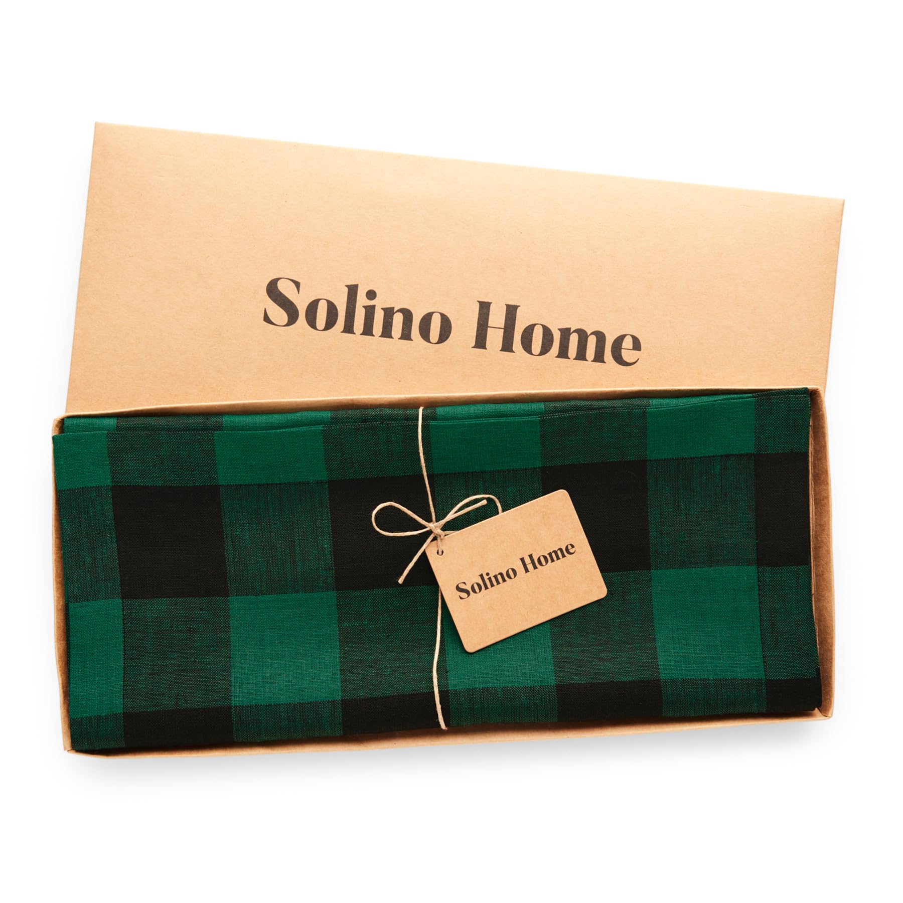 Solino Home Linen Check Table Runner 120 Inches Long - 100% Pure Linen Green And Black Buffalo Plaid Table Runner 14 X 120 Inch
