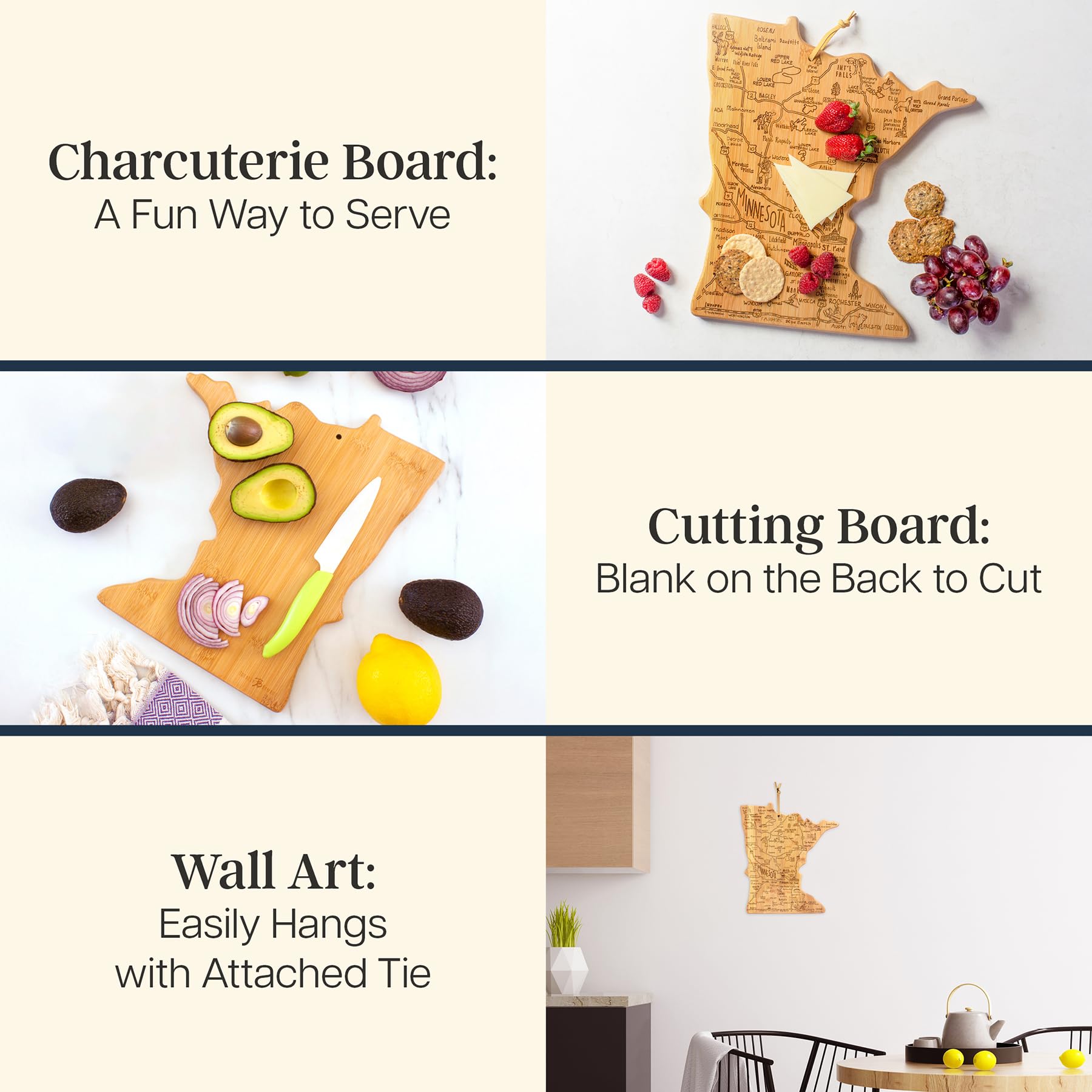 Totally Bamboo Destination Minnesota State Shaped Cutting Board, Charcuterie and Cheese Serving Board - Minnesota Gift for Home
