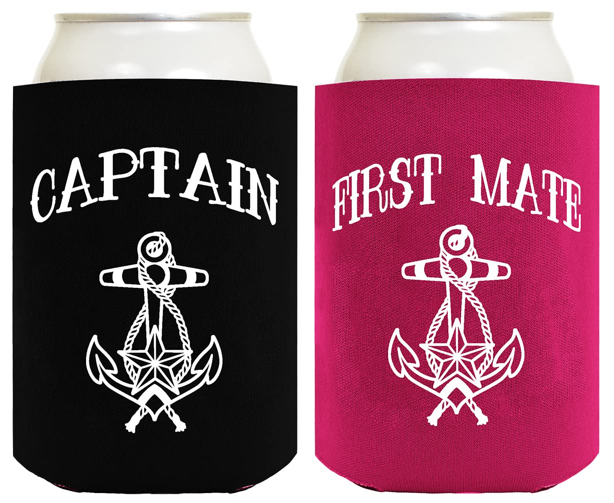 Captain First Mate Gifts For Couples Captain And First Mate Nautical Sailing 2 Pack Standard Size Can Coolers Black Magenta