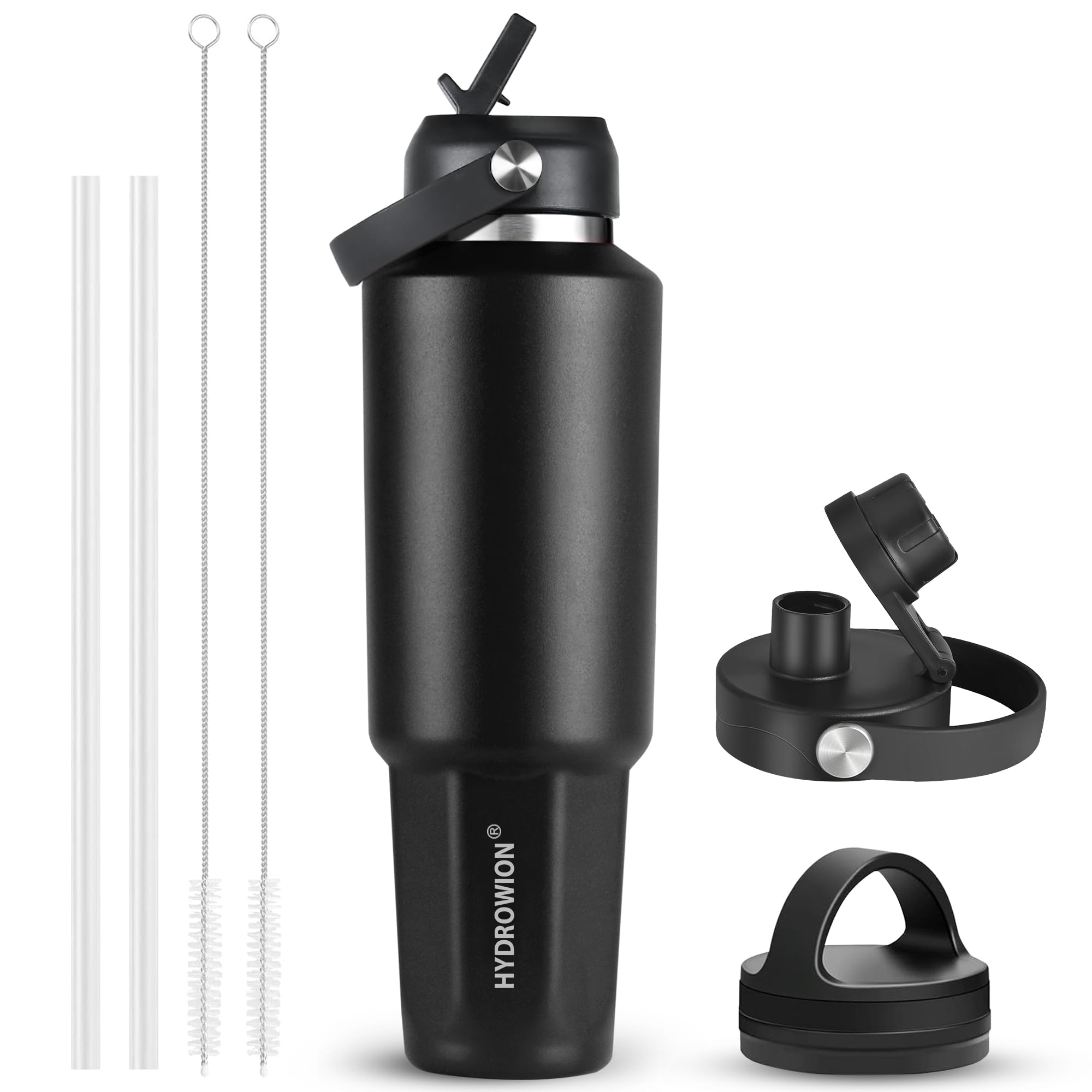 HYDROWION 40 oz Insulated Water Bottle, Car Water Bottle Holder - Double Wall Vacuum Insulated Travel Bottle with Straw Lid, Spo