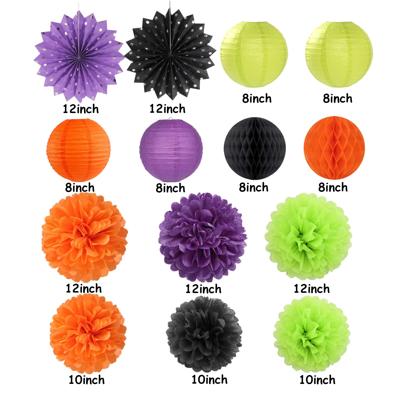 Black-Orange Purple Green Halloween Party-Decorations - 14Pc Kit Paper Lanterns Fan,Tissue Flower Pom Poms Streamers,Honeycomb B
