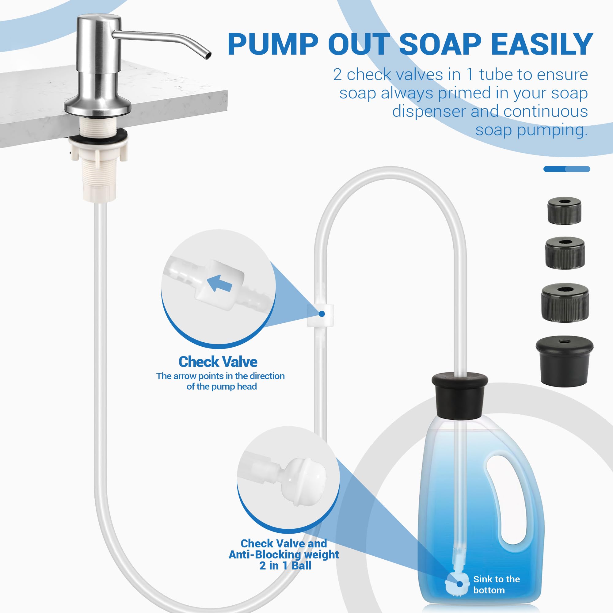 Dish Soap Dispenser For Kitchen Sink And Tube Kit (Brushed Nickel), 47 Tube Connects Pump Directly To Soap Bottle, Stainless Ste