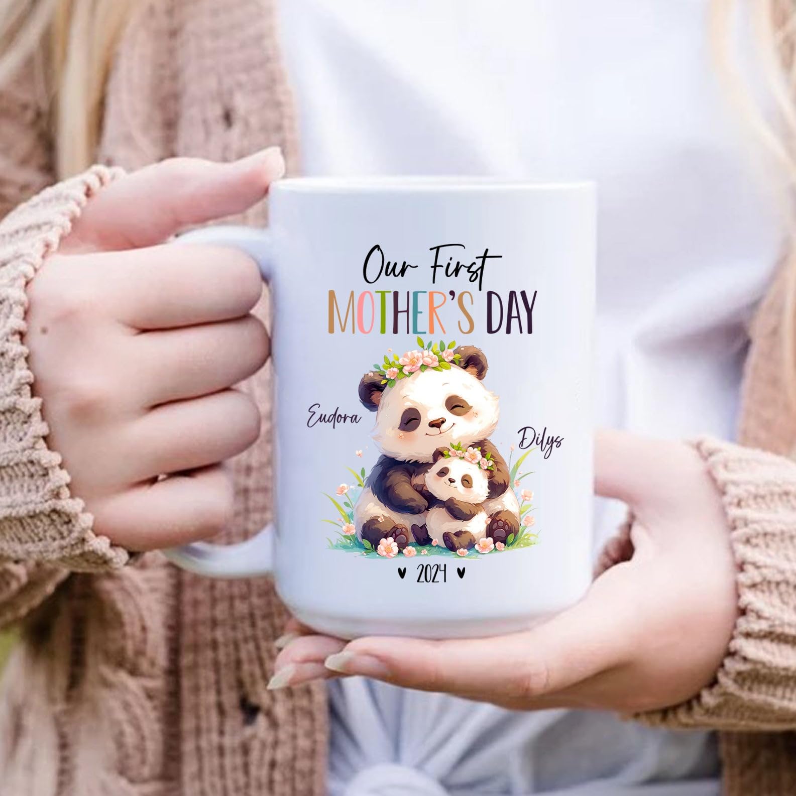 Custom Mom And Baby Panda Mugs With Names & Year, Personalized Panda Lover Coffee Cup Gifts, Mummy & Baby Panda Ceramic Mug, Our
