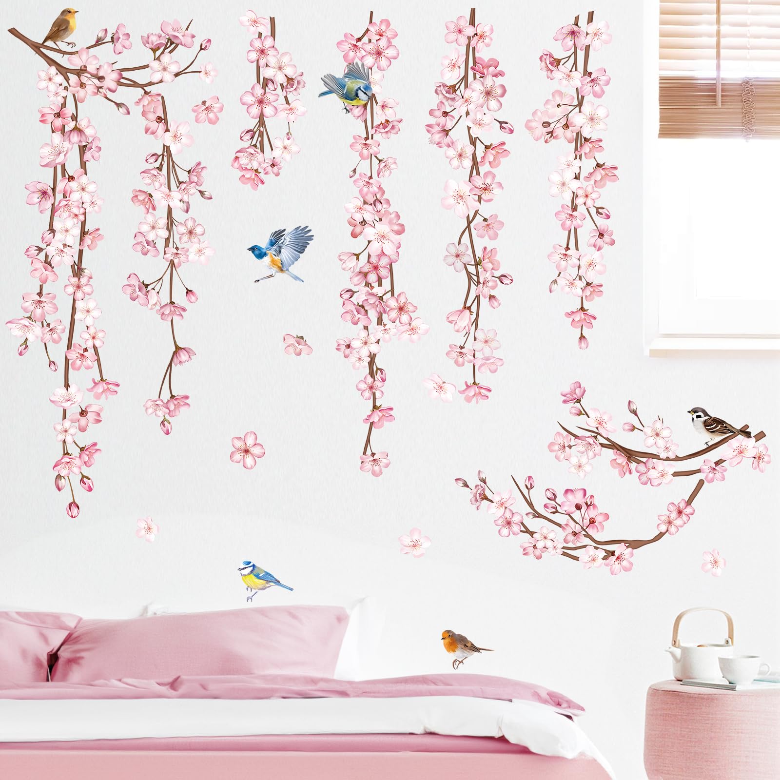 Decalmile Cherry Blossom Flower Vine Wall Decals Hanging Floral Tree Branch Birds Wall Stickers Living Room Bedroom Office Wall