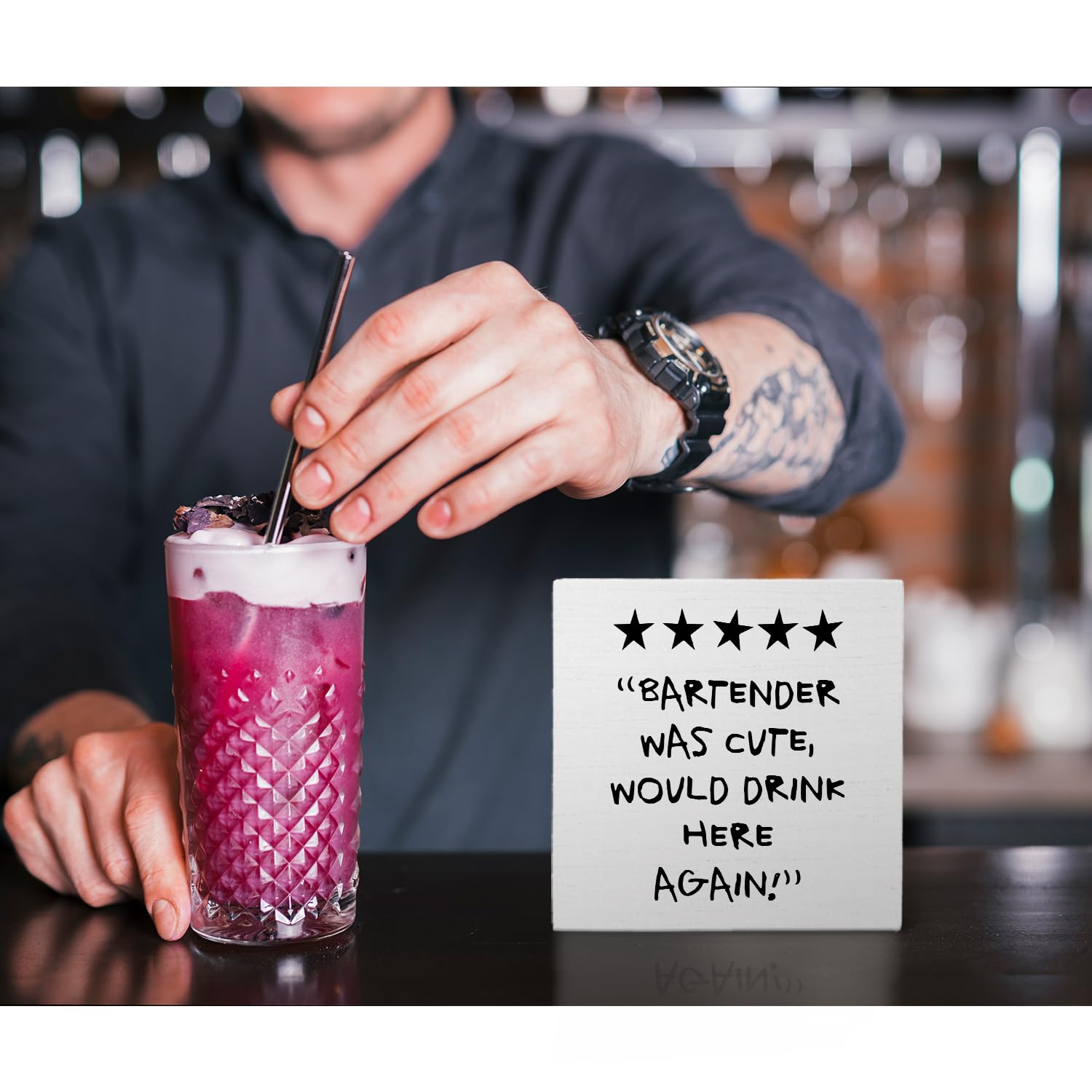 Nvotell Bar Signs, Bartender Was Cute Would Drink Here Again Wooden Box Sign, Funny Wood Block Plaque for Home Bar Cart Desk She