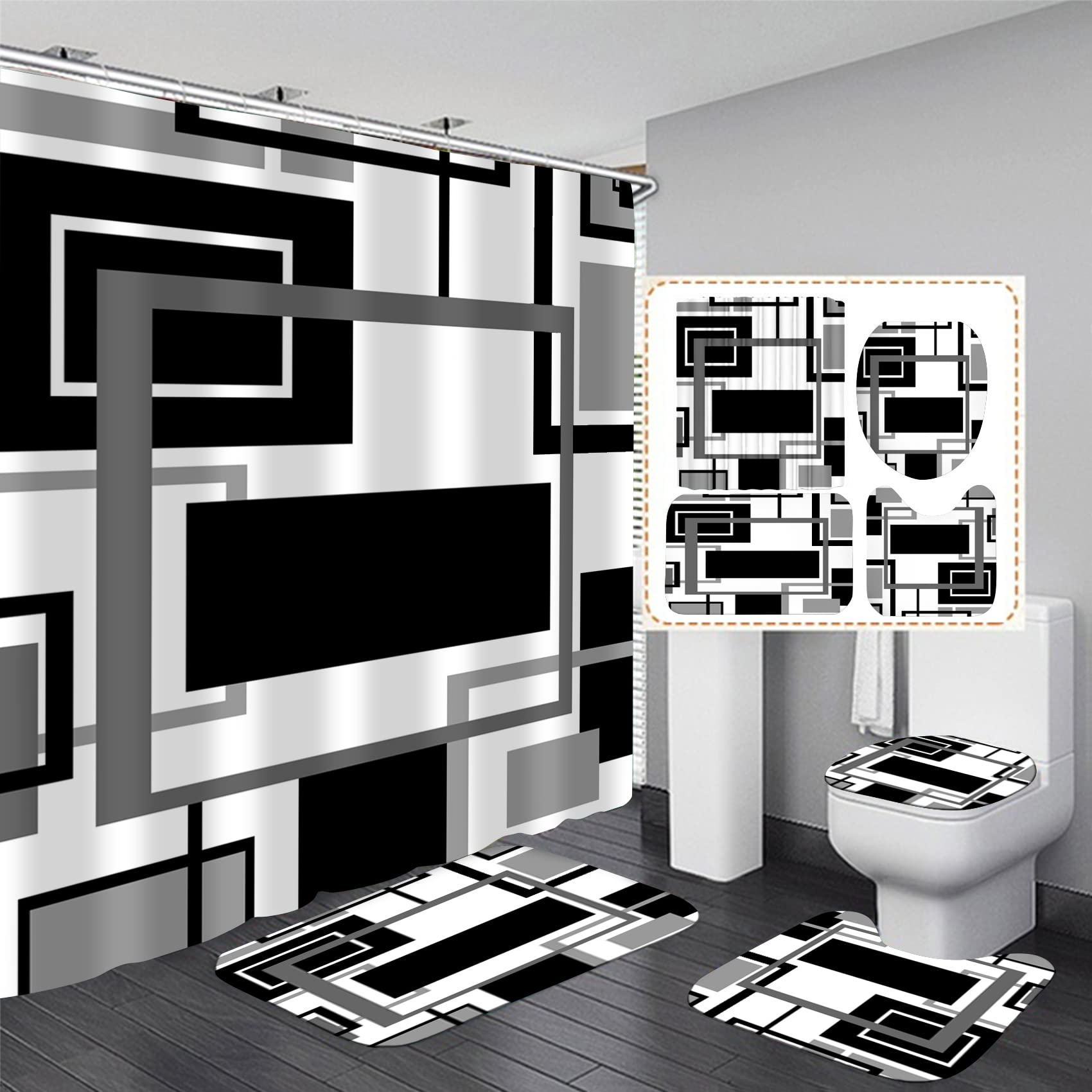 Yddsky 4 Pcs Black Geometric Shower Curtain Sets Non-Slip Bath Rugs, Toilet Cover, U-Shaped Mat, Abstract Geometric Modern Showe
