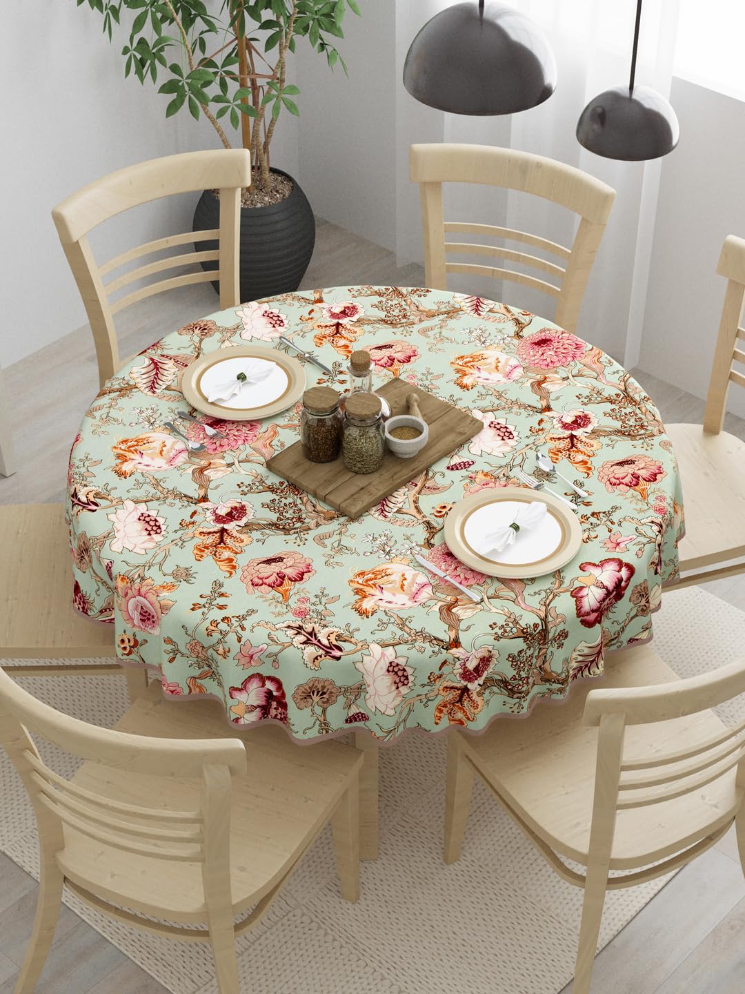 Clasiko 100% Cotton 6 Seater Round Table Cover; 72x72 Inches; Multicolor Flowers On Green