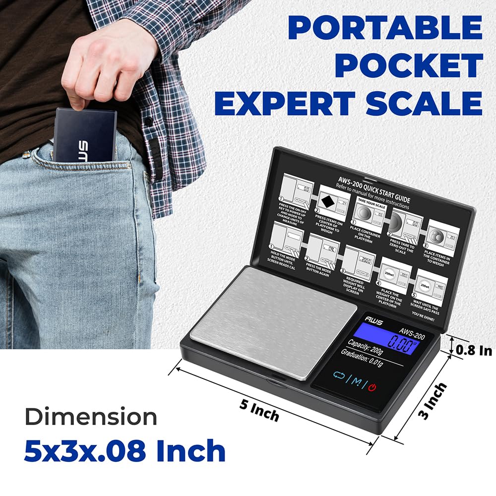 American Weigh Scales 200g x 0.01g Series Digital Pocket Weight Scale | Precision Digital Scale LCD Display, Jewelry, Coins, Foo