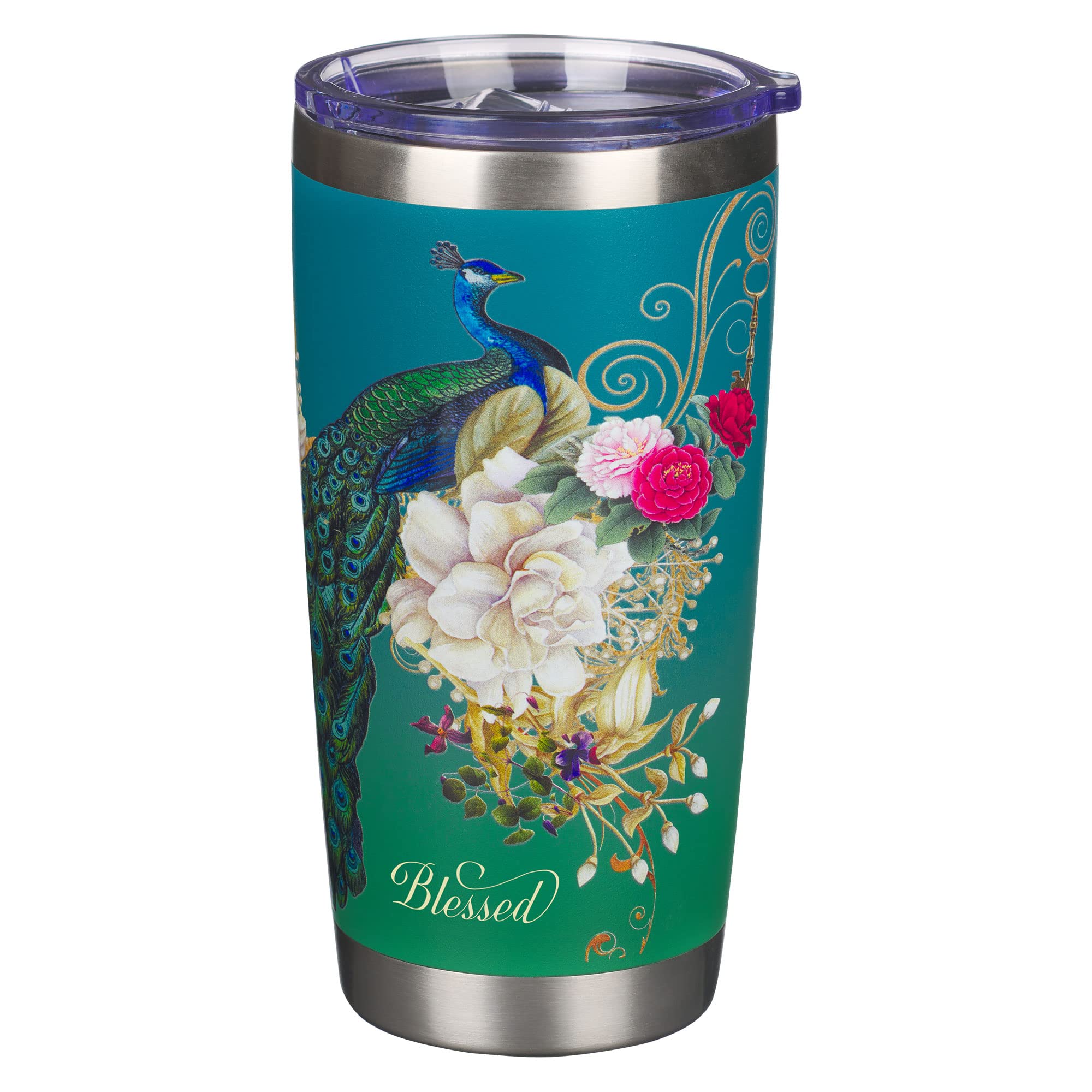 Christian Art Gifts Stainless Steel Double Wall Vacuum Insulated Tumbler 18 Oz Peacock Teal Travel Mug With Retractable Lid Insp