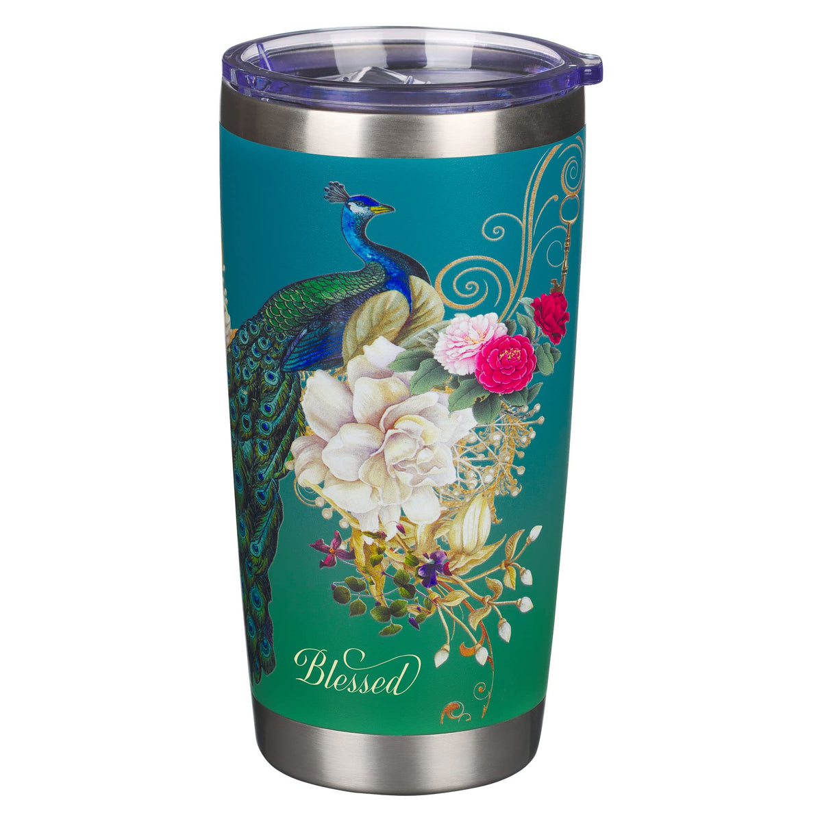 Christian Art Gifts Stainless Steel Double Wall Vacuum Insulated Tumbler 18 Oz Peacock Teal Travel Mug With Retractable Lid Insp