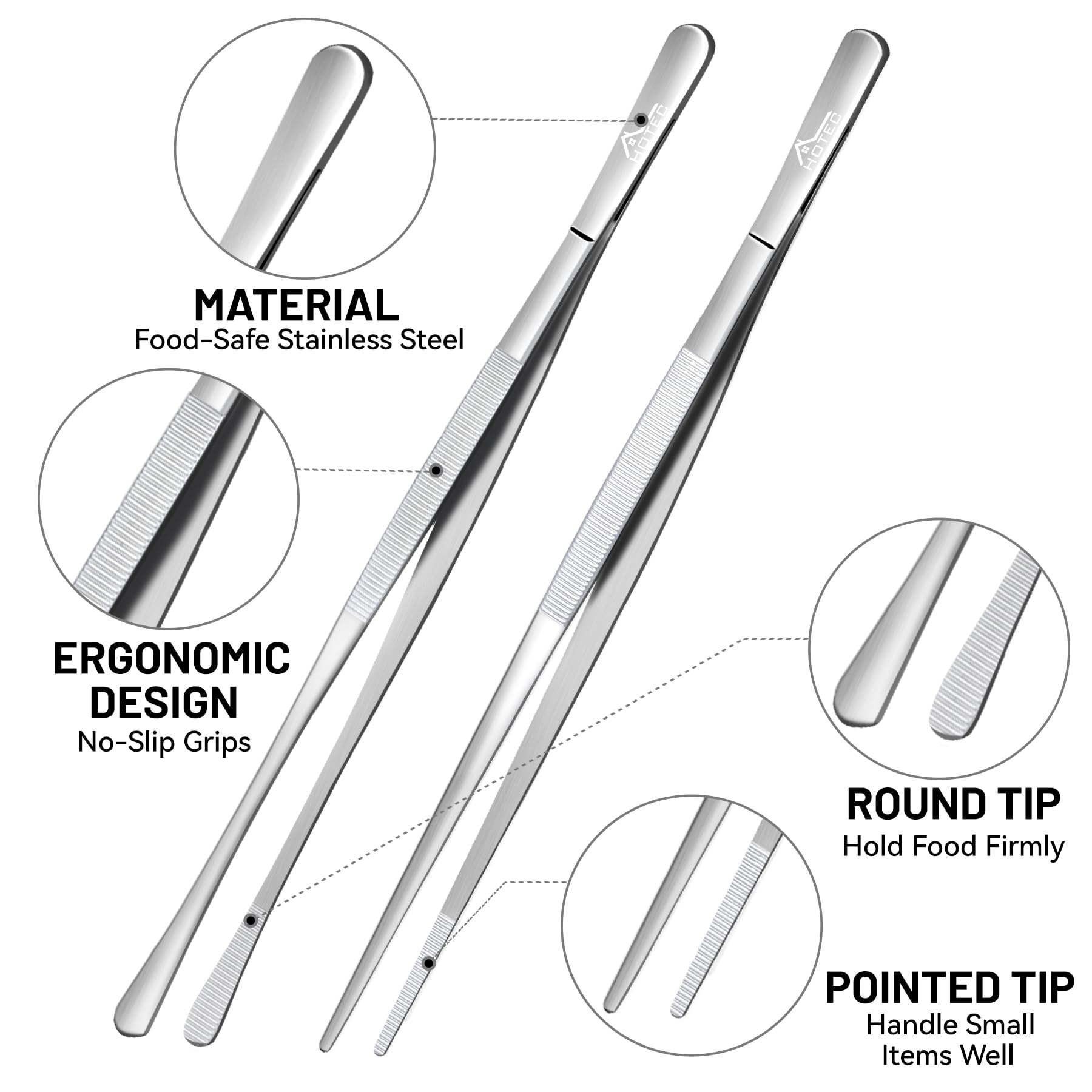 Hotec Kitchen Tweezers Stainless Steel Fine Kitchen Tongs For Cooking, Extra-Long Kitchen Tweezers Food Tongs, Set Of 2-12Inch