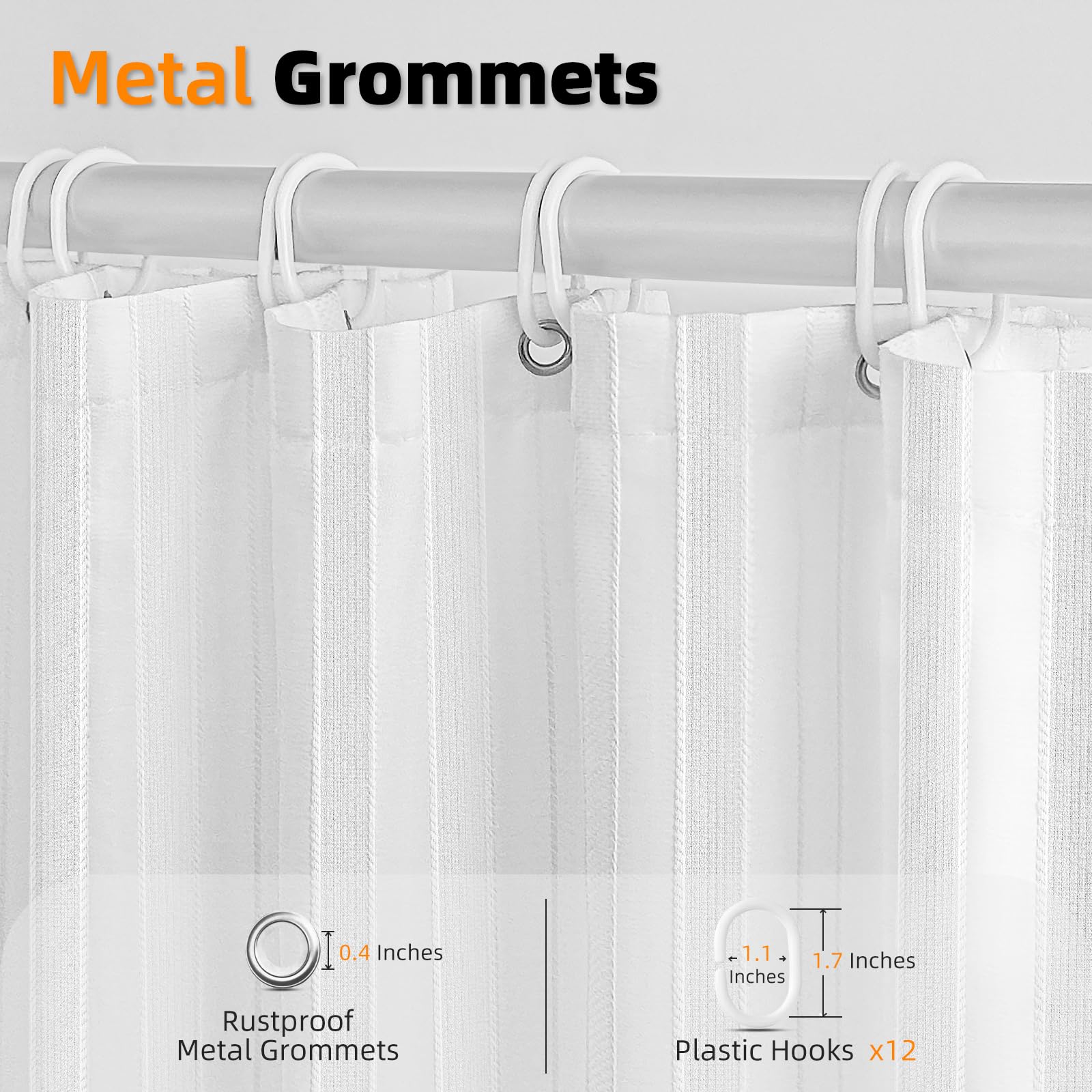 Seasonwood White Fabric Shower Curtain Boho Chic Striped Textured Tassel Shower Curtain For Bathroom, Wrinkle Free, Shabby Chic