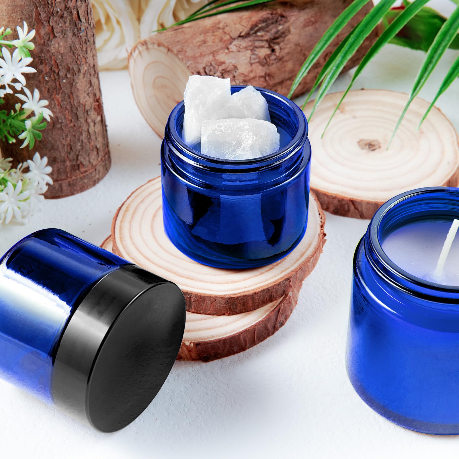 2Oz Jars With Lids, Hoa Kinh 24 Pack Blue Glass Jars With Lids Empty Cosmetic Containers Round Airtight Glass Jar With Inner Lin