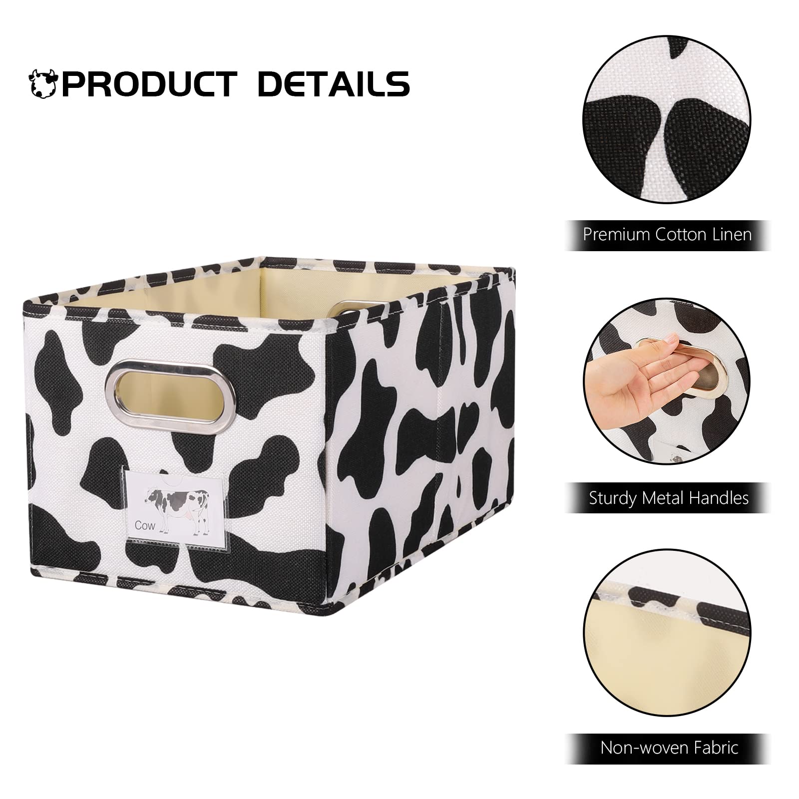 Anminy Fabric Storage Bin Cow Print Cotton Linen Foldable Open Storage Basket Box With Handles Pp Plastic Board Label Window Poc