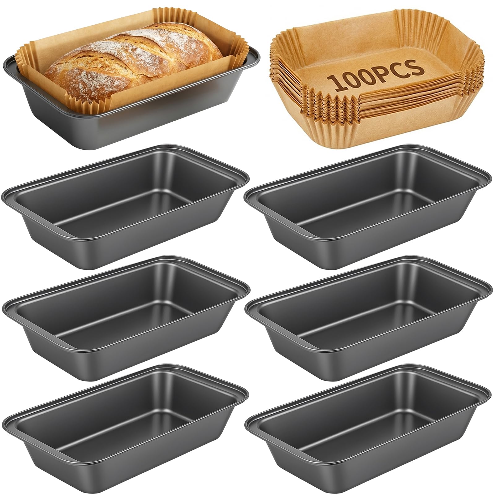 ATZNZIK 6 Pack Bread Loaf Pan with 100 PCS Loaf Pan Liners, Nonstick 9 x 5 Inch loaf pans for baking bread, Bread Pan liners for