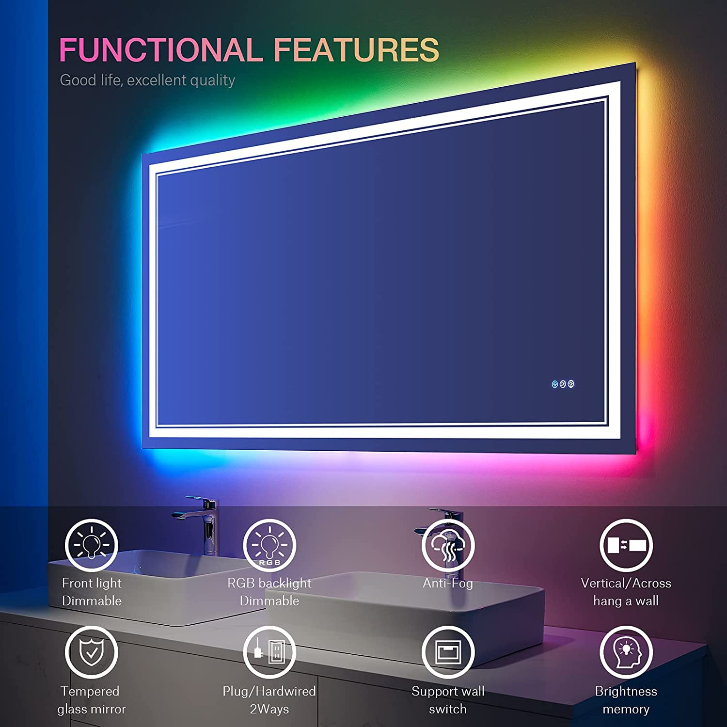 ISTRIPMF 40x32 inch LED Bathroom Mirror with RGB Lights Color Changing Backlit Mirror Shatterproof Dimmable Anti-Fog Lighted Vanity Mirror (RGB Multicolor Backlit + Adjustable Front-Lighted)