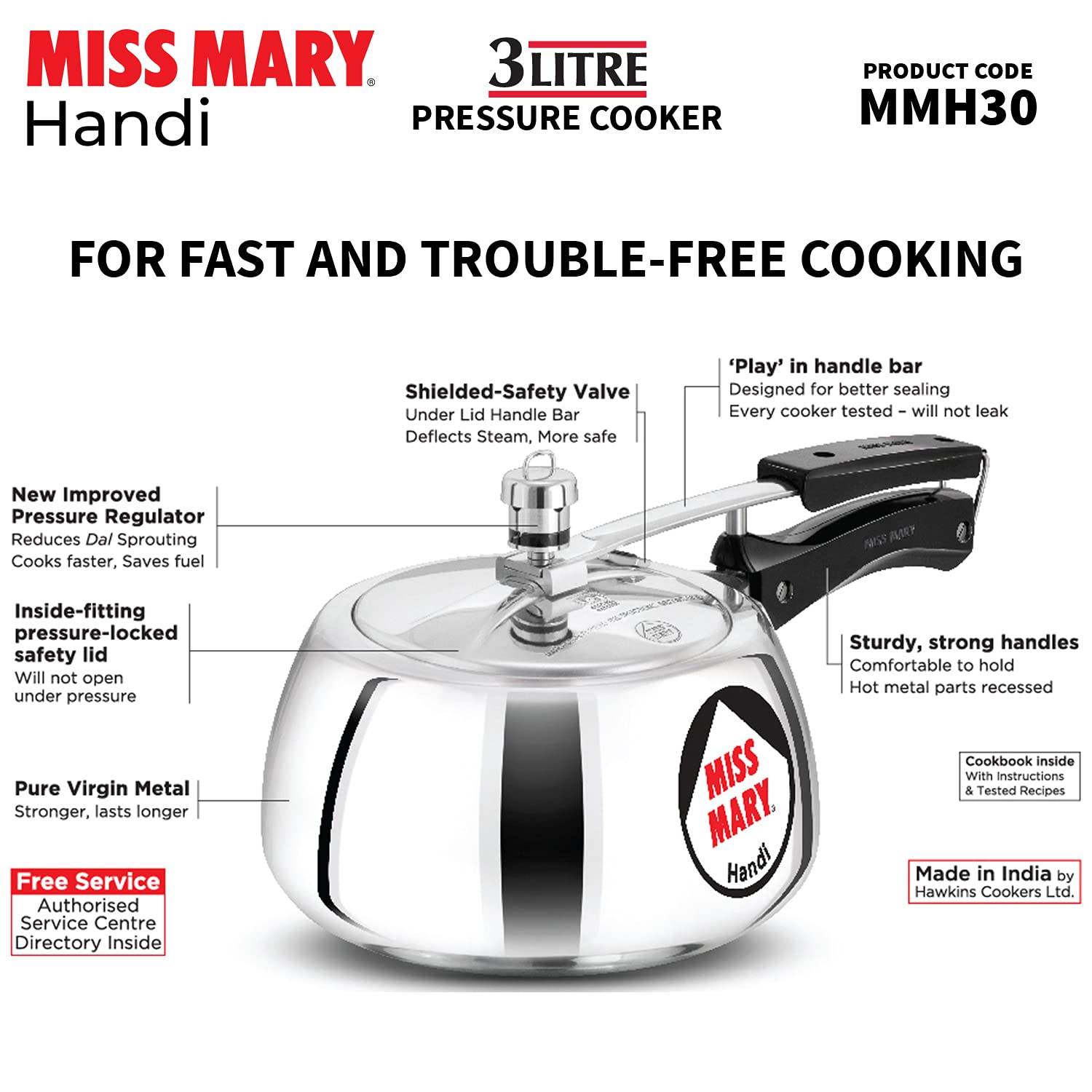 Hawkins Miss Mary Aluminium Inner Lid Handi Pressure Cooker, 3 Litre, Silver (MMH30)
