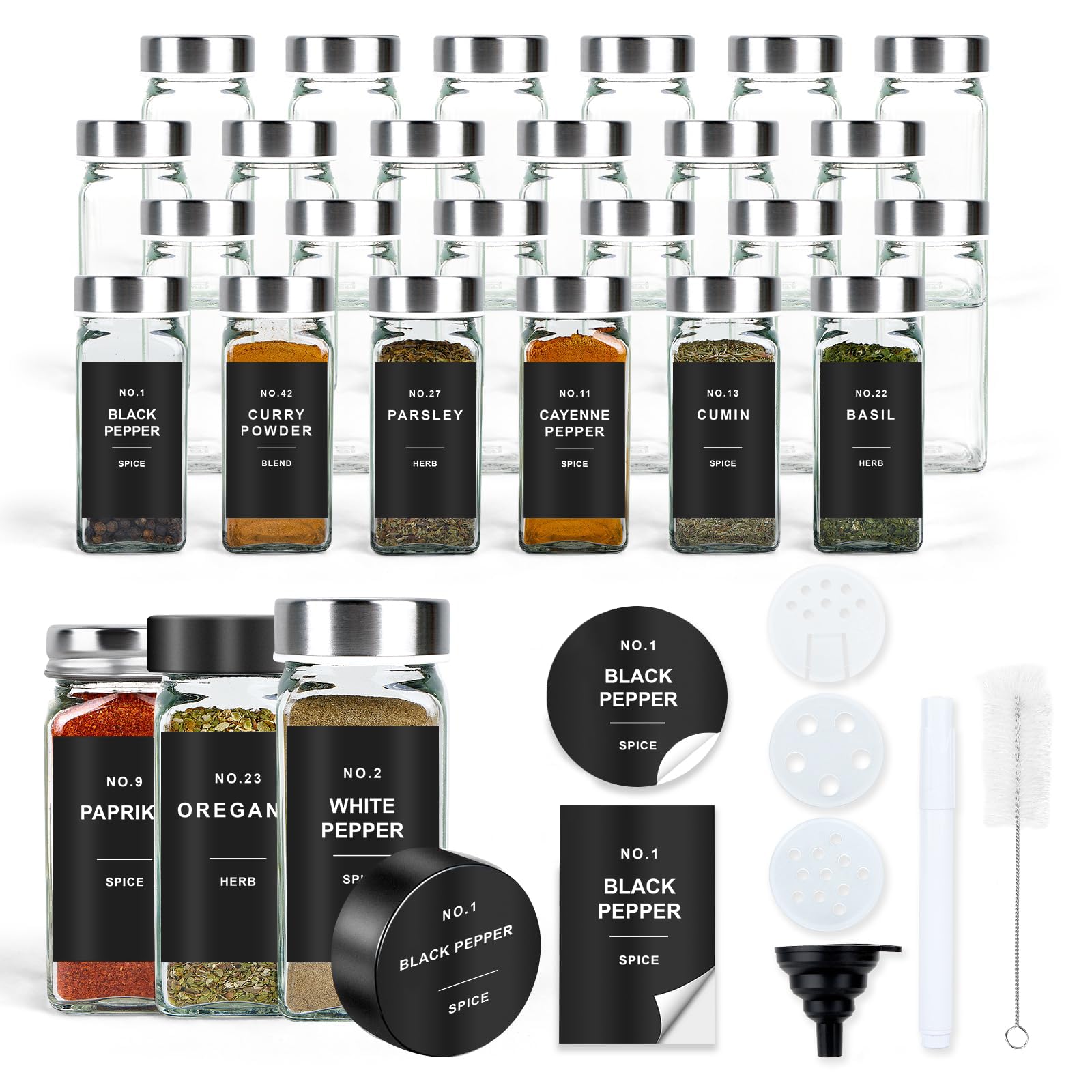 OMOZUNSpice Jars with Label, 24pcs 4oz Glass Jars with Stainless Steel Lids