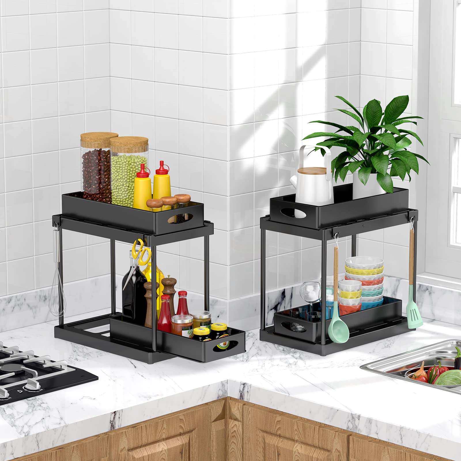 Under Sink Organizer And Storage, 2 Tier Under Sink Organizer With Sliding Pull Out Drawer For Kitchen Bathroom Cabinet Shelf Ba