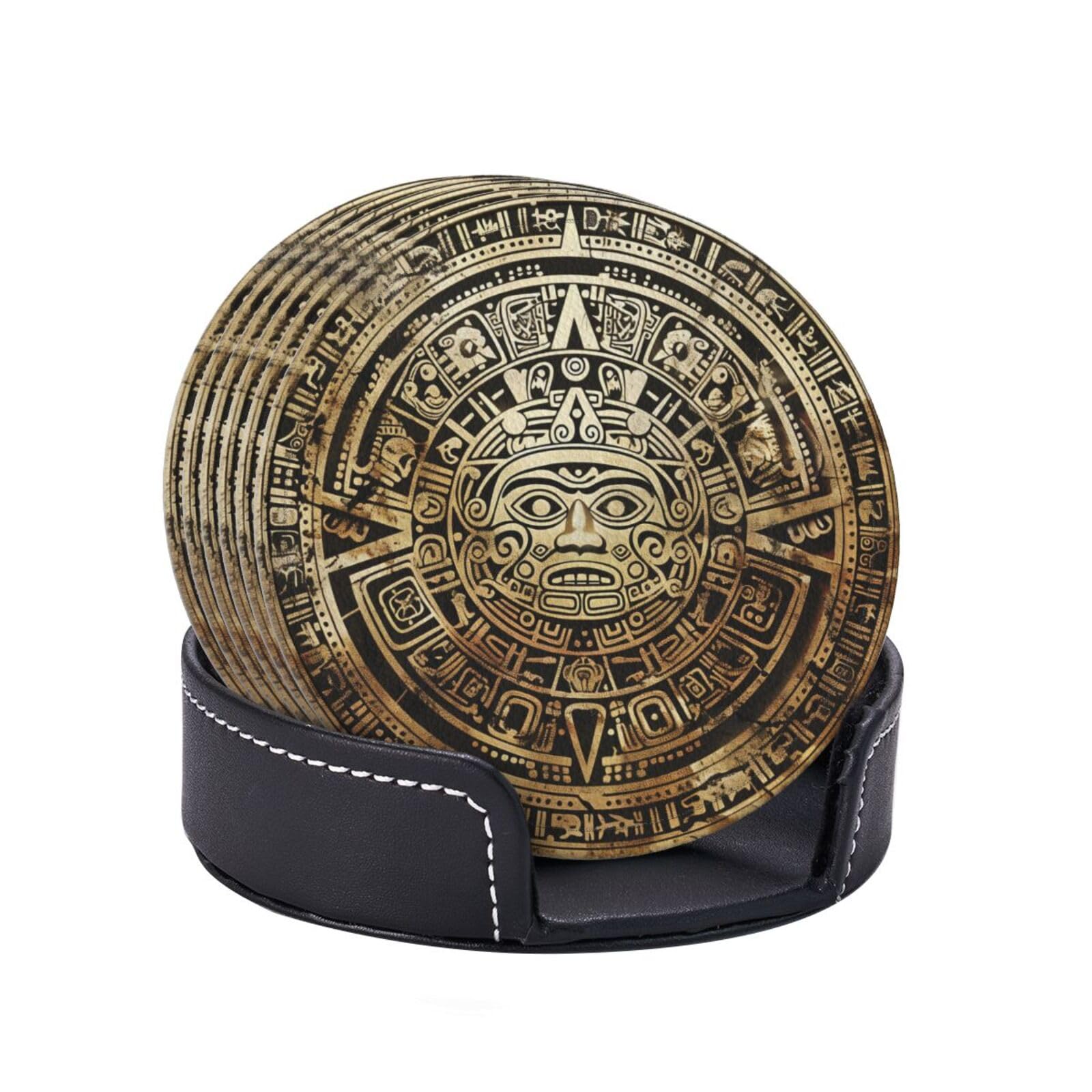 Aztec Calendar Mayan Coasters For Drinks With Holder, Leather Coasters Set Of 6, Round Cups Mugs Mat Pad For Home Kitchen