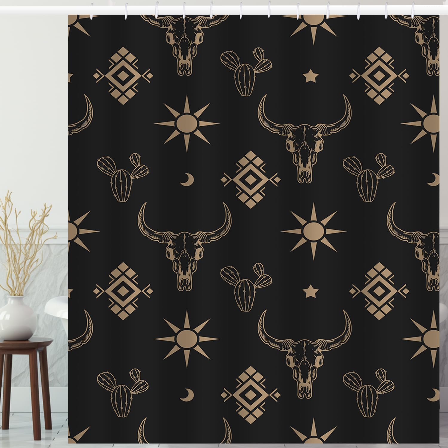 Western Bull Skull Shower Curtain Boho Cow Longhorn Skull Head Cactus Bohemian Black And Gold Shower Curtain With Hooks 72X84 In