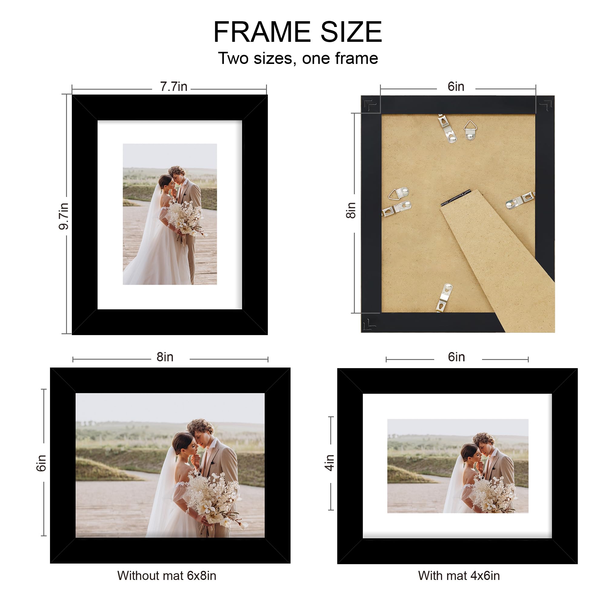Hongkee 6x8 Picture Frame Set of 4, Made of Real Glass and Black Frame - Display Picture 4x6 with Mat or 6x8 Without Mat, 6 by 8