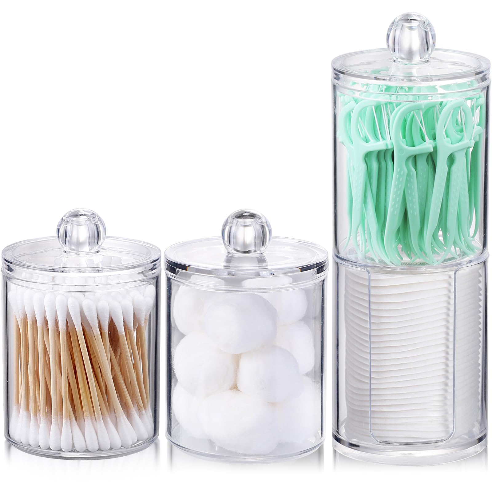 AOZITA 4 Pcs  10 OZ Qtip Holder Dispenser for Cotton Ball  Cotton Swab  Cotton Round Pads  Floss - Clear Plastic Apothecary Jar Set for Bathroom Canister Storage Organization  Vanity Makeup Organizer