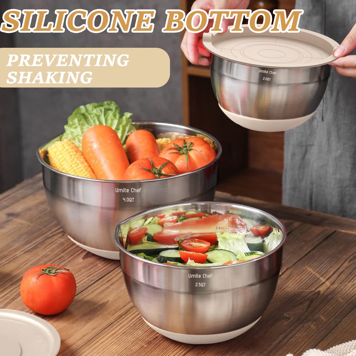 Mixing Bowls With Airtight Lids Set, 26Pcs Stainless Steel Khaki Bowls With Grater Attachments, Non-Slip Bottoms & Kitchen Gadge