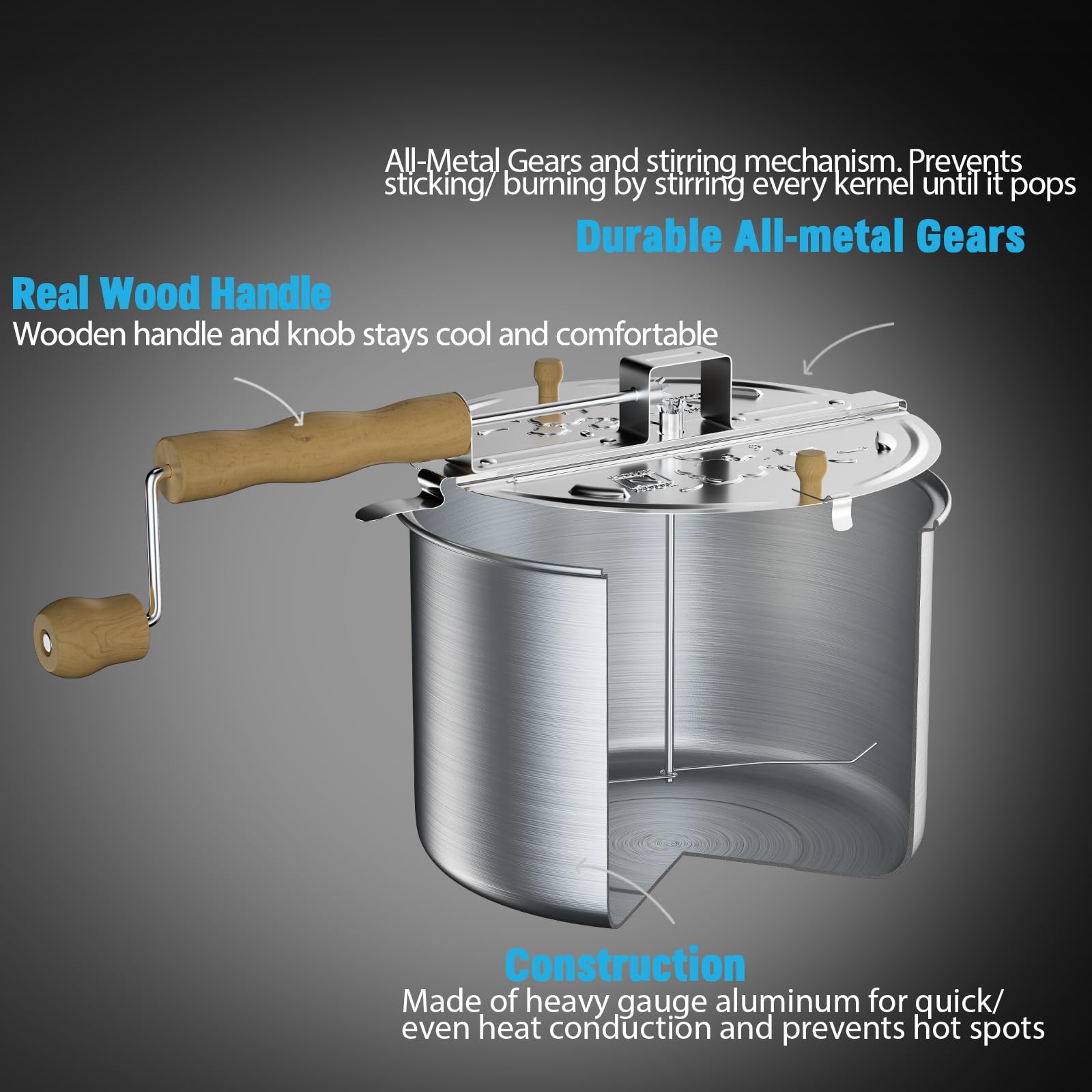 Cook N Home 02626 6 Quart Aluminium Stovetop Popcorn Popper Silver