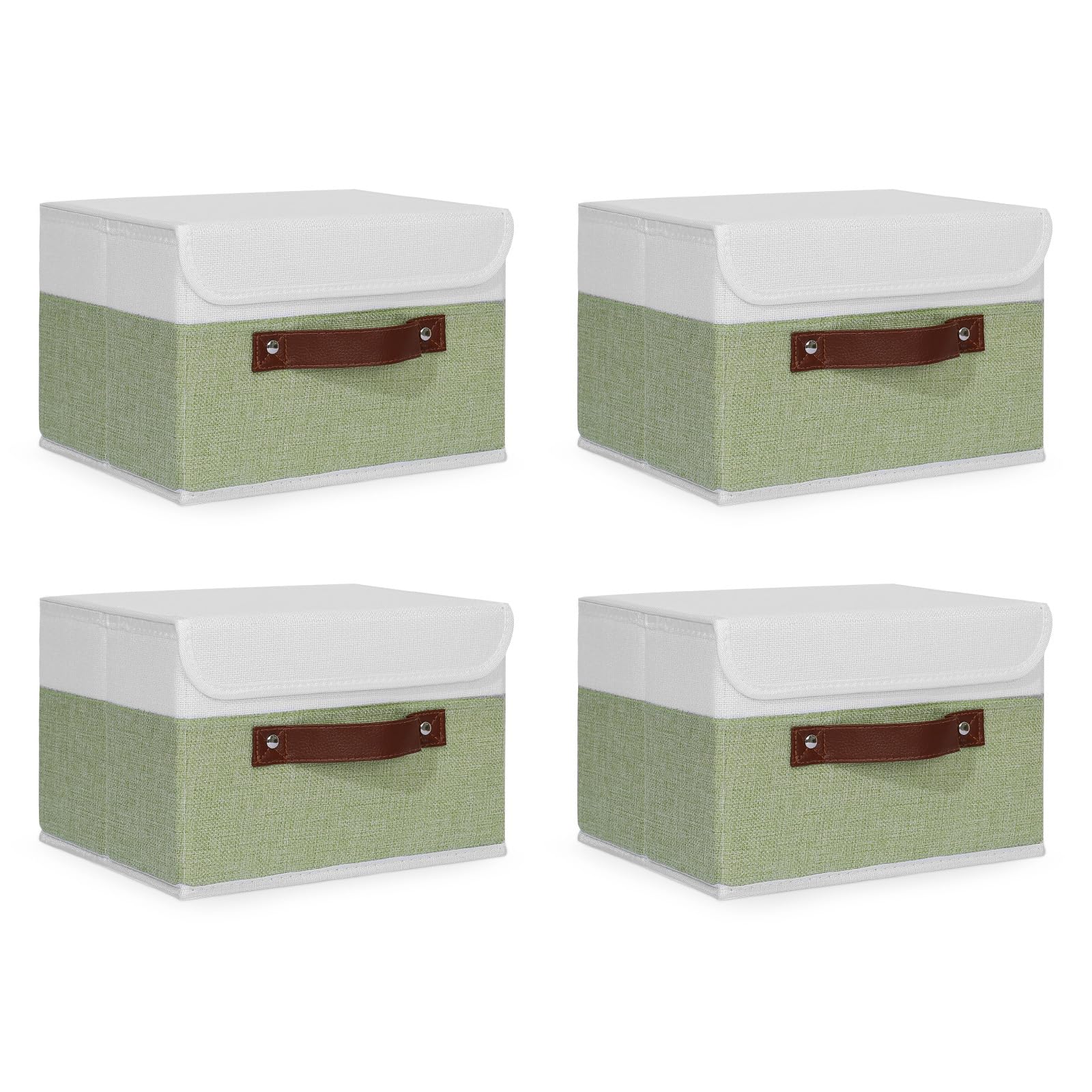 ANMINY 4PCS Storage Boxes with Lid Washable Decorative Storage Bins Basket with PU Leather Handle Foldable Linen Fabric Storage 