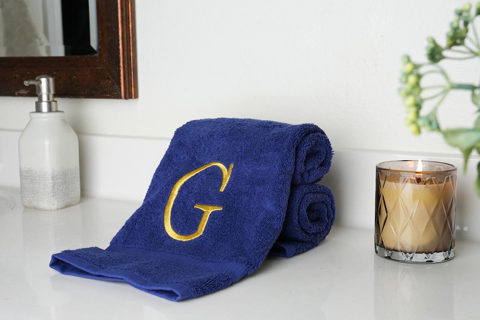 Navy Powder Room Hand Towel - Monogram Initial Hotel Quality Decorative Embroidered Luxury Towel For Spa - Gots Organic Certifie