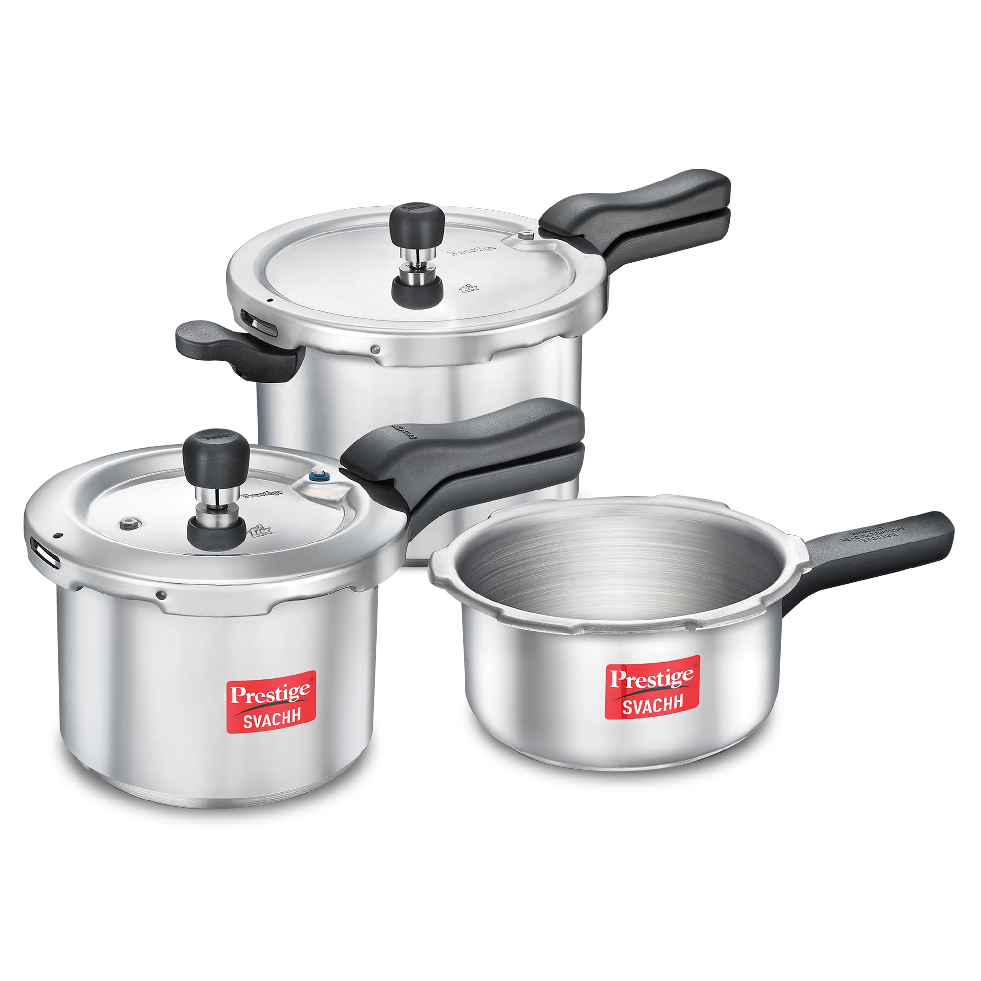 Prestige 2L+3L+5 Litres Svachh outer lid Aluminium Pressure Cooker Set|5 years warranty|Deep lid controls spillage|Induction bas