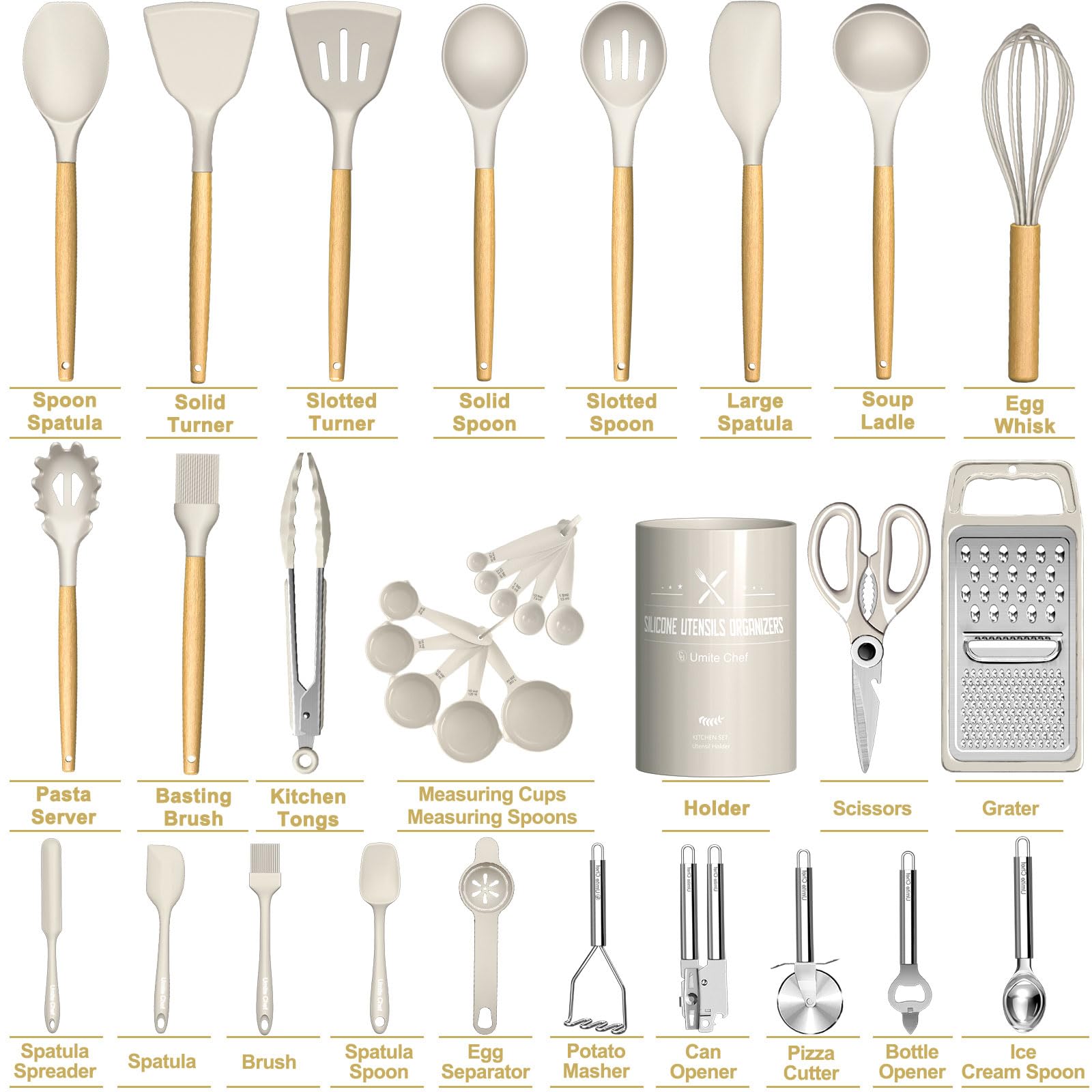 Umite Chef Silicone Kitchen Utensil Set, 34Pcs Heat Resistant Kitchen Gadgets And Tools With Grater, Wood Handles For Nonstick C