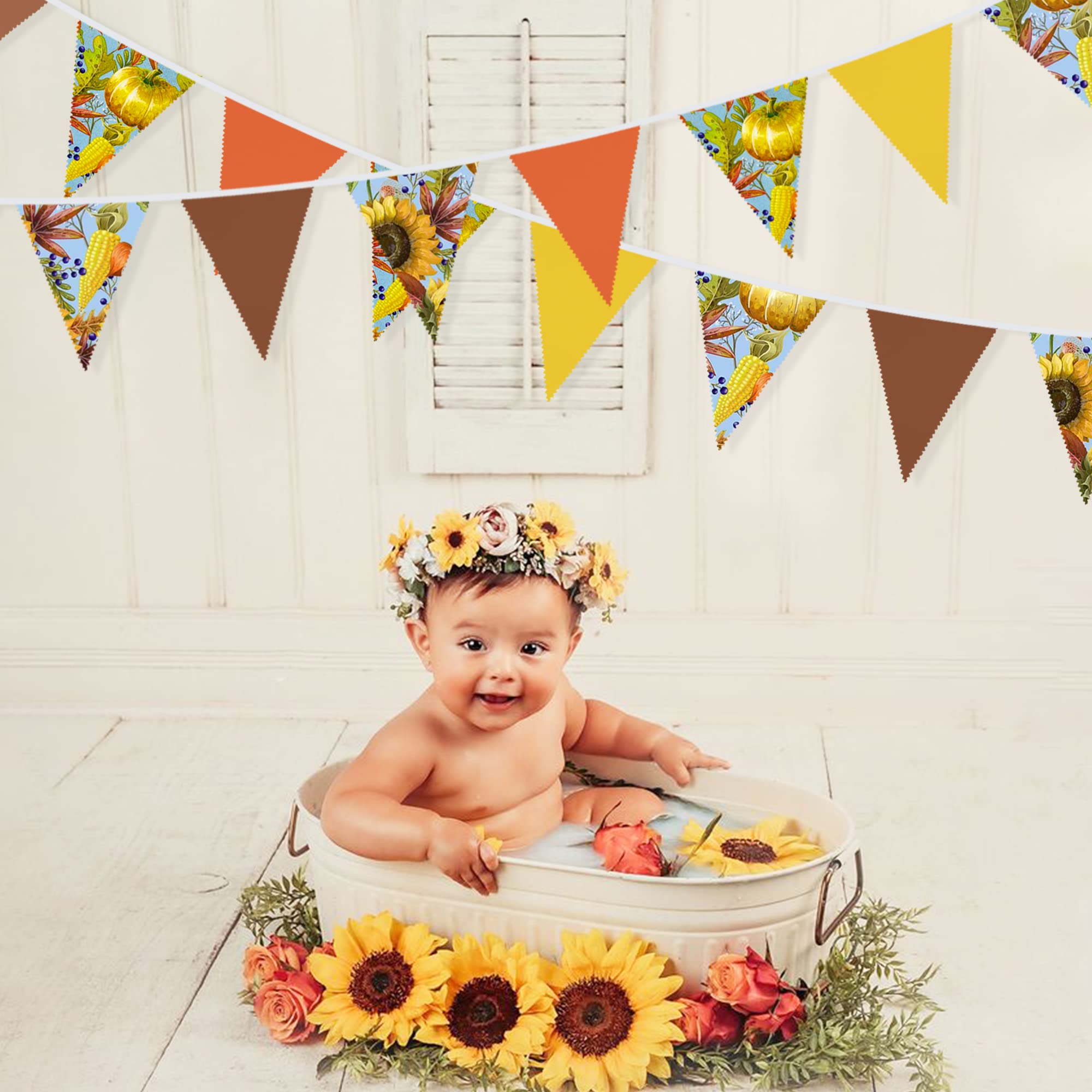 32Ft Orange Yellow Brown Banner Pumpkin Triangle Flag Fabric Pennant Garland Bunting For Happy Fall Decor Thanksgiving Day Harve
