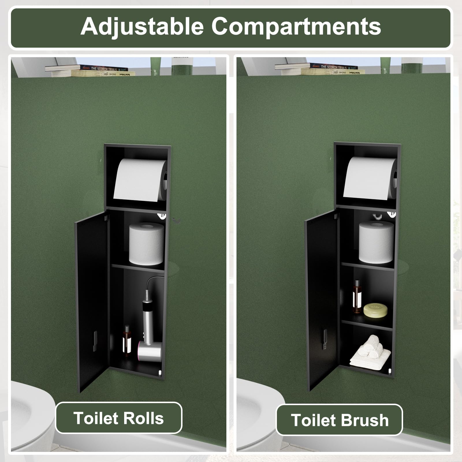 Baronage Black Recessed Toilet Paper Holder With 3 Storage, 24 Inch Toilet Paper Niche Over-Mounted Wall Bathroom Organizer 304