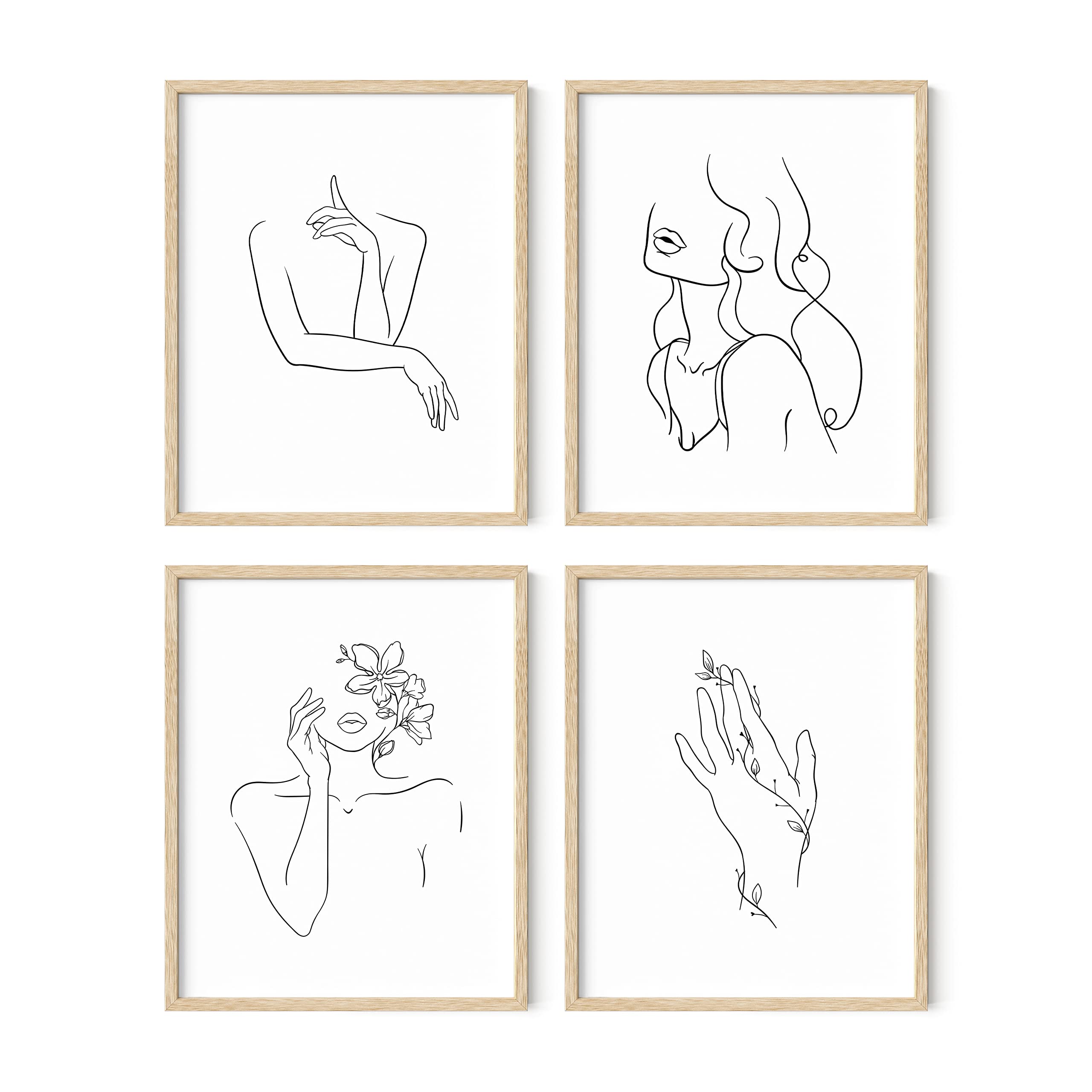Ripgrip Minimalist Wall Art - Set Of 4 Woman Silhouette Line Drawings, Room Aesthetic Posters, Abstract Decor (Beige Frame, 8X10