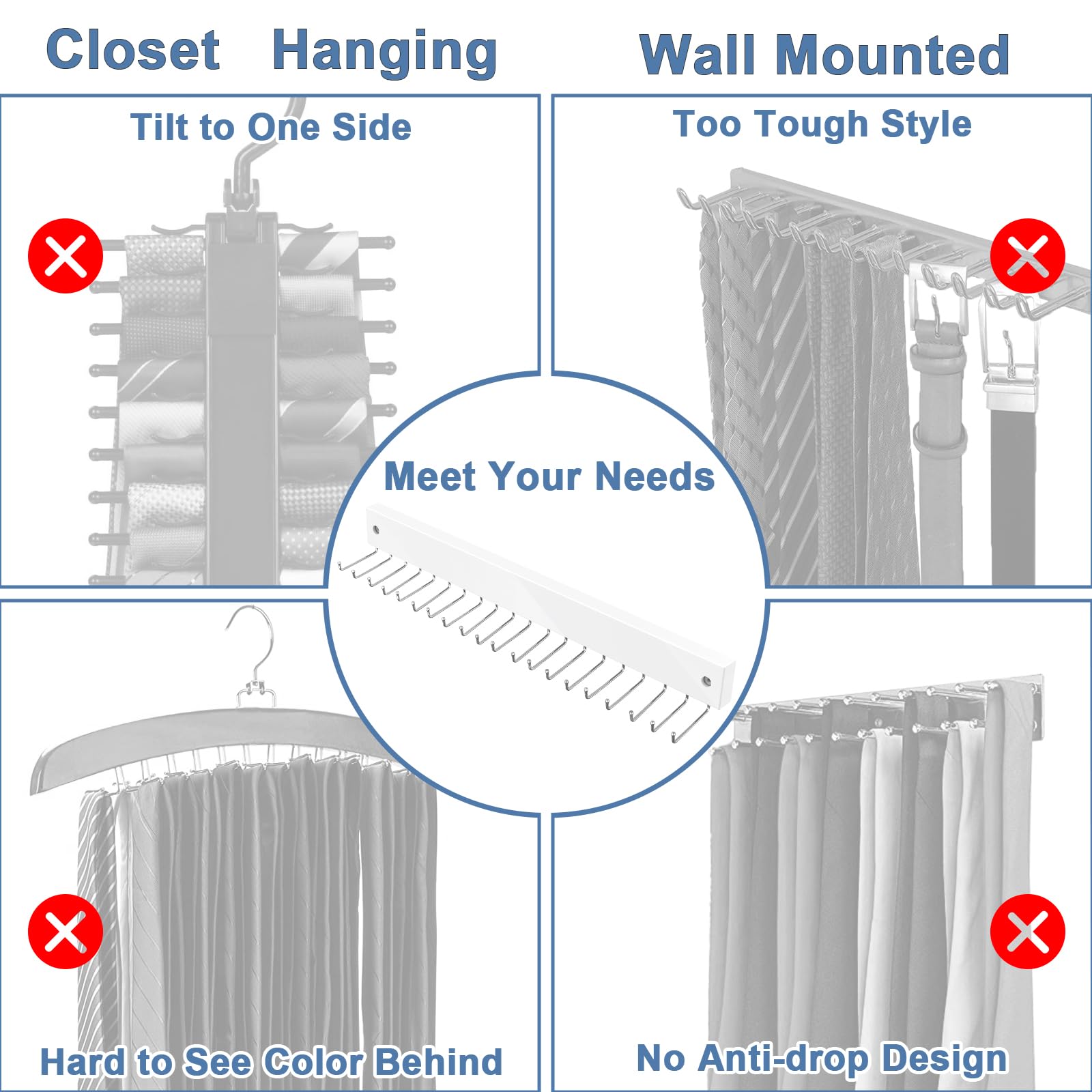 Tie Rack Wall Mounted Belt Hanger, 360 Rotating Tie Hanger Belt Organizer 20 Storage Hooks For Belt, Ties, Purse, Scarves, Tank