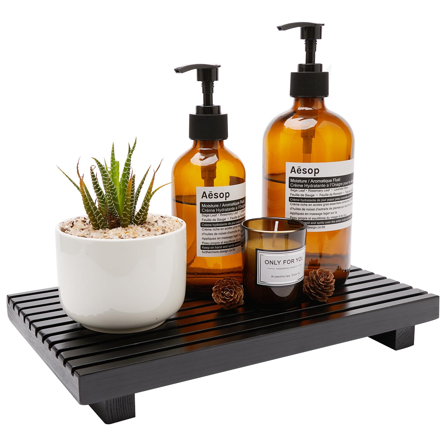 Renawe Black Bathroom Counter Tray Organizer Wood Riser Stand Kitchen Countertop Trays Wooden Pedesta Display Dish Soap Dispense