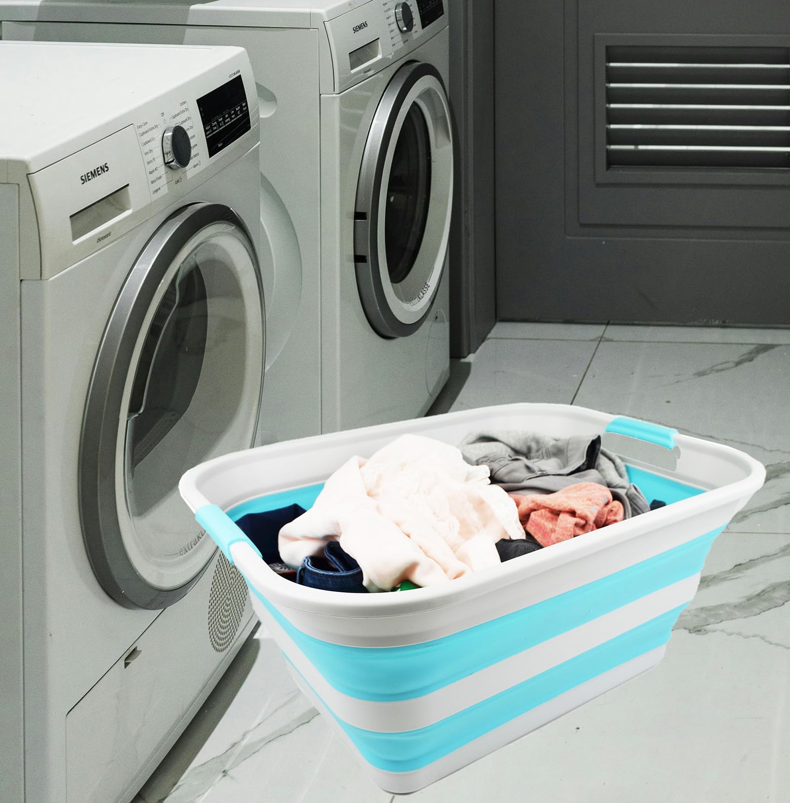 SAMMART 42L collapsible Plastic Laundry Basket - Foldable Pop Up Storage containerOrganizer - Portable Washing Tub - Space Saving HamperBasket (greycyanine  1)